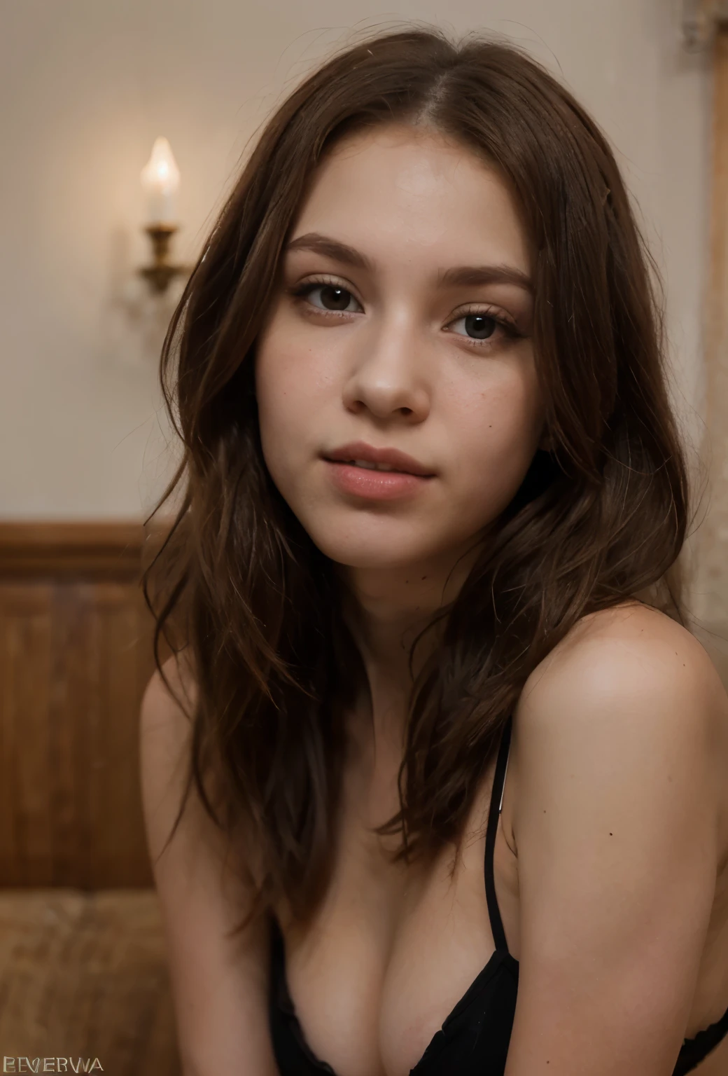 a beautiful 19s young girl, very beautiful, real, she is wearing a gorgeous dress, red lips, freckles in her cheeks, brunette hair,