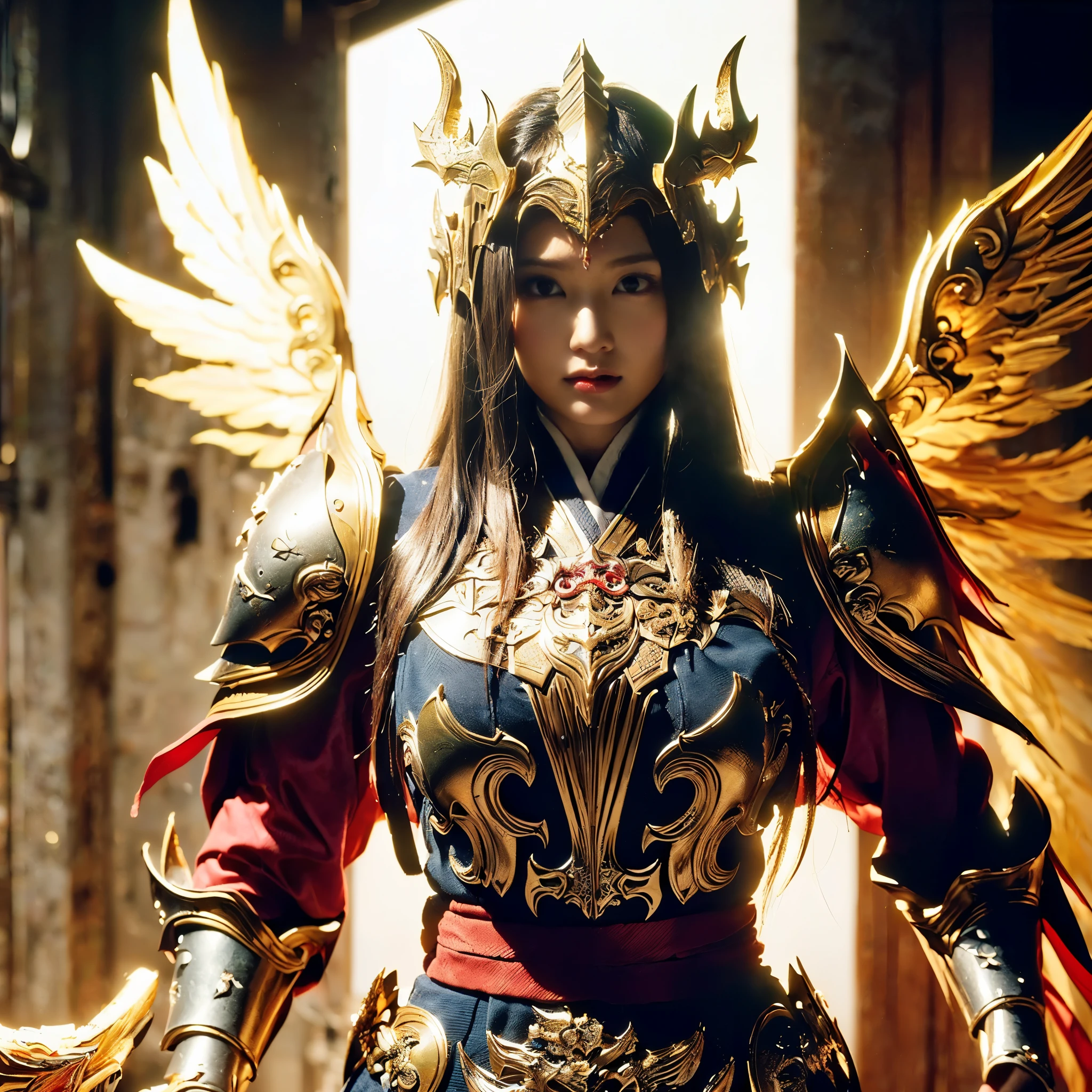 (((Realistic, masterpiece, best quality, crisp detail, high definition, high detail, very rich detail, sharp focus, sharp detail, colorful, perfect studio lightning))), ((20 years old goddess, kasumi arimura, flying, floating)),(((in the middle of war, epic war scene))), wearing (((beautiful decorated golden heavy armor, dragon armor, decorated full body armor, fully armored beautiful kimono, wide golden wings))), (flying, floating, attack stance, holding fantasy weapon, blood scattered face, blood tears, blood bath, blood shed), (((fire everywhere, blood everywhere, death everywhere, japan bakumatsu period, dead bodies,carcass,burned japanese castle,hellish,chaos)) traditional village background)