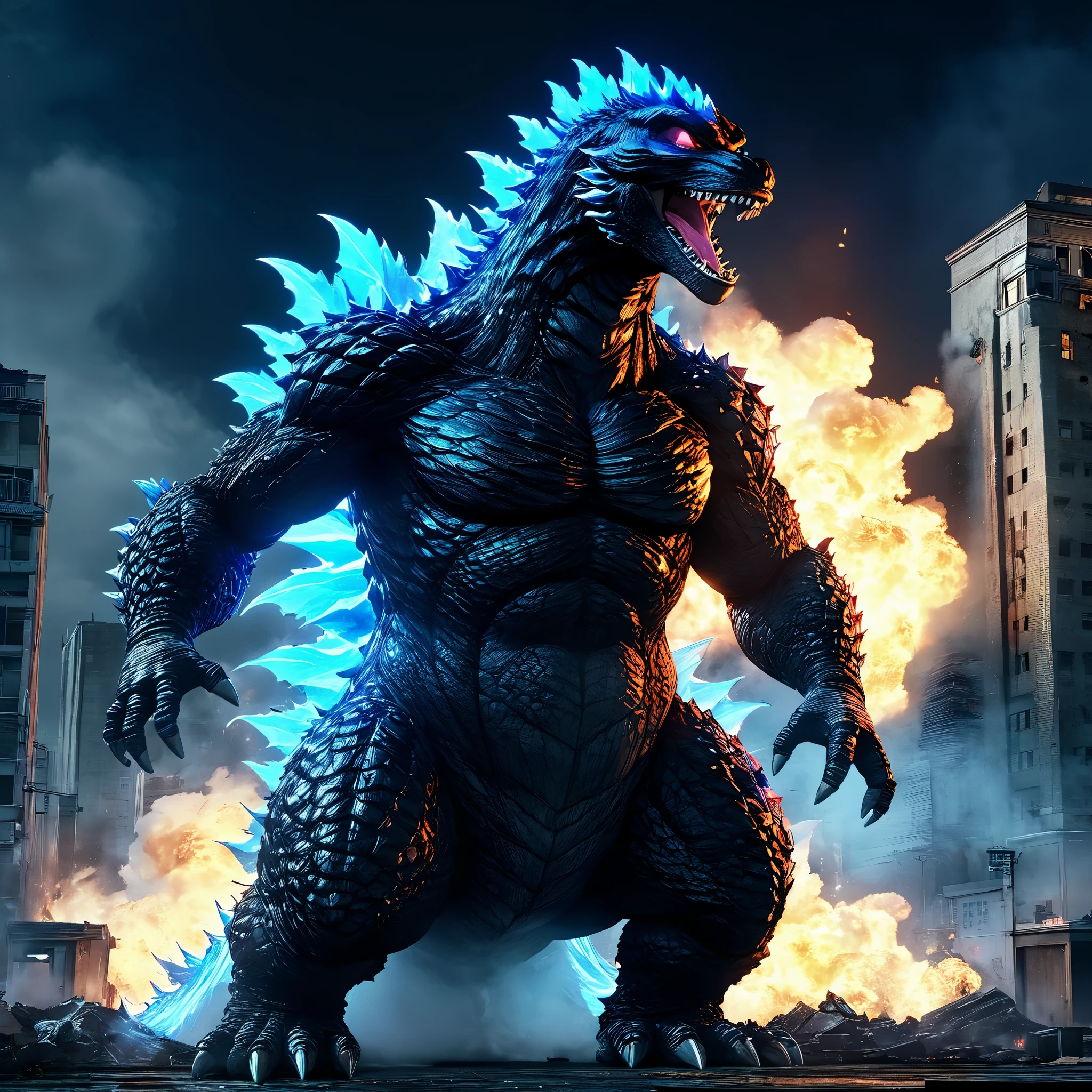 （romantic、Innocent、𝓡𝓸𝓶𝓪𝓷𝓽𝓲𝓬、Tyndall effect）,(movie godzilla:1.5)，The backdrop is a futuristic city, science fiction style, blue and violet, bright, Sky background at night. Super real photos,Unreal Engine , Photorealistic lighting, Surreal lighting, Unreal Engine art, Highly detailed scenes, rendered in Unreal Engine 4 k hq, rendered in Unreal Engine 4k hq, surreal lighting