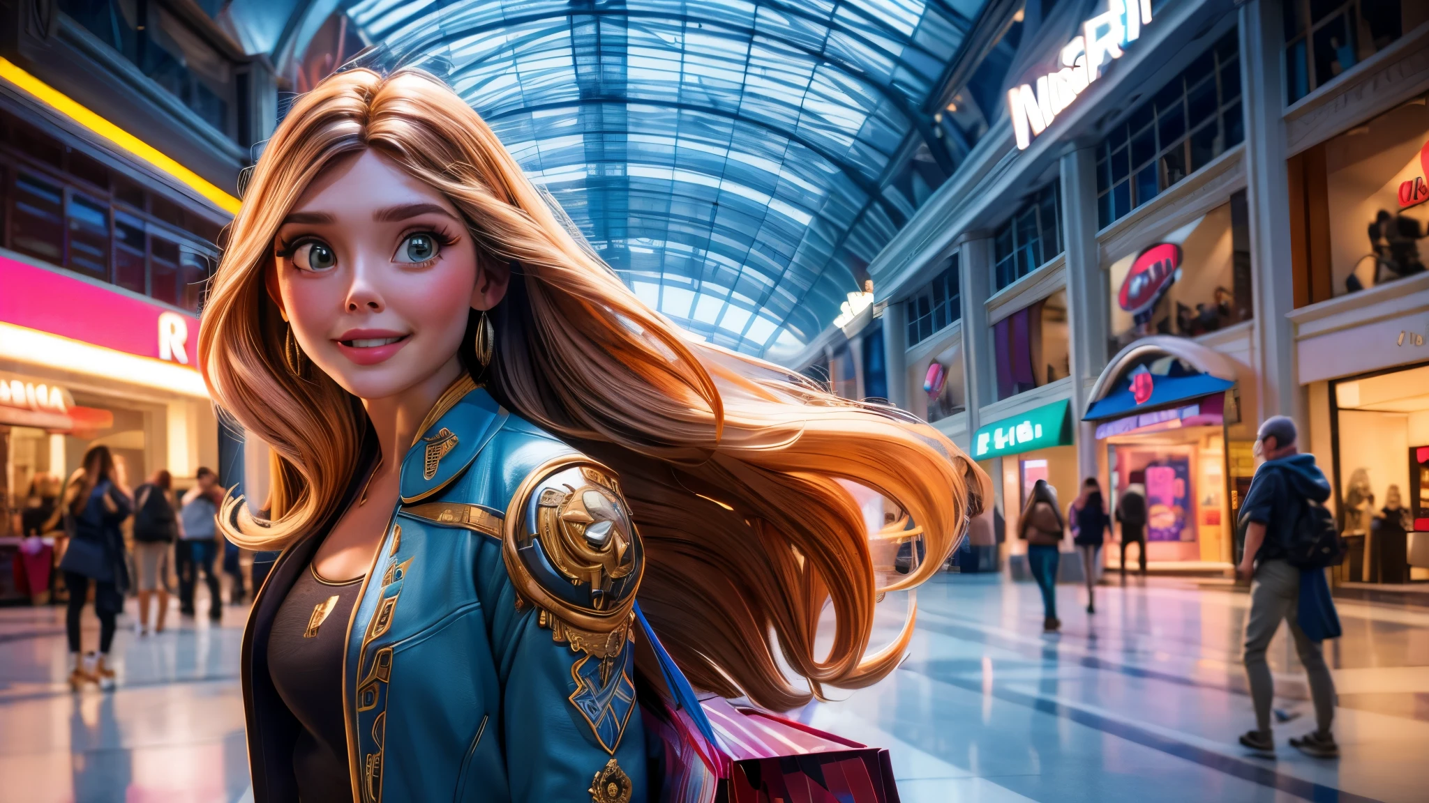 (best quality,4k,8k,highres,masterpiece:1.2),ultra-detailed, College Girl shopping in a mall, strutting her stuff, Smiling and laughing, Flirting with the viewer, HDR, 8k, absurdres, cinestill 800, sharp focus, add_detail:3 (solo woman) Elizabeth Olsen