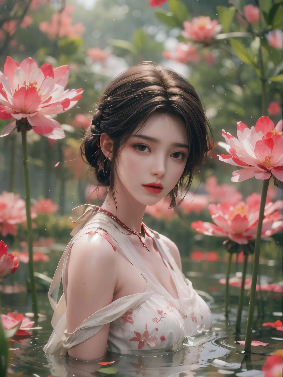 The beauty of soup,long black hair,shawl long hair，stray hair，Red head rope，brown eyes，Off the shoulders，standing in the pond,Exposed to white coarse cotton netting,Transparent tulle，The chest is barely visible，perky breasts,Abstract gouache flowers:1.2),pink petals background,Pink and white flowers flying(Reality:1.4),black hair,The fluttering of fallen leaves,The background is pure,high degree of brilliance;photo