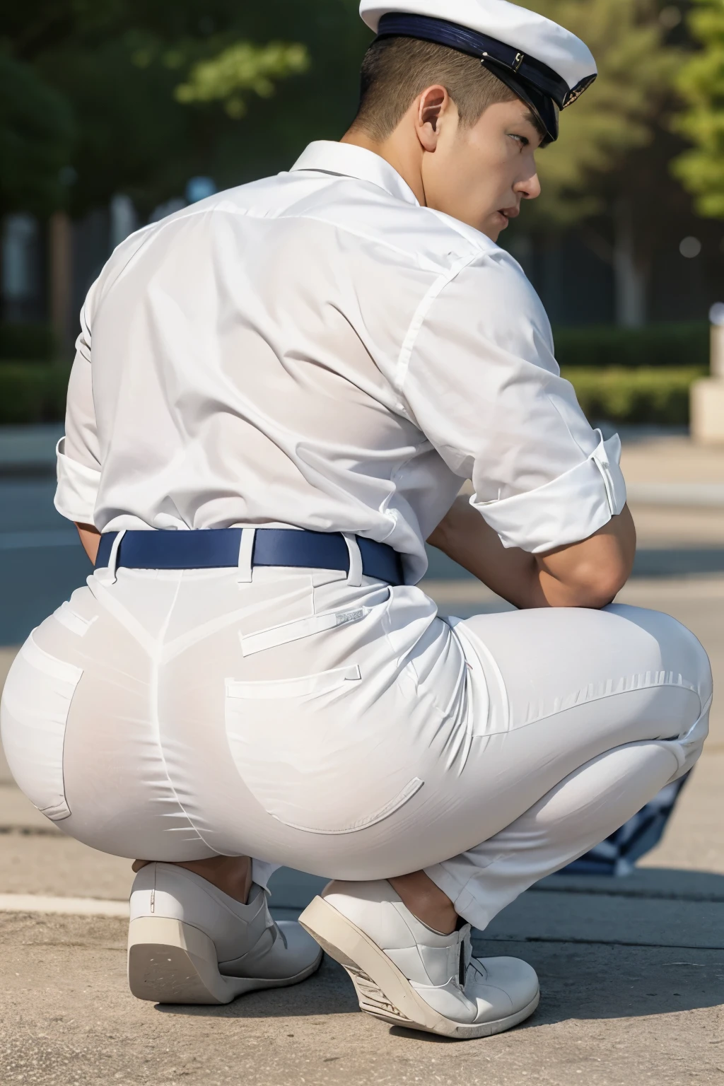 40-year-old boy ,Korean bulky male officer ,Wear US navy white uniform................ clear white satin smooth tight trouser, transparent pants obvious underwear print ,((unrealistic super big tight butt wearing pants)), turn back to look at the camera, squatting on the ground.