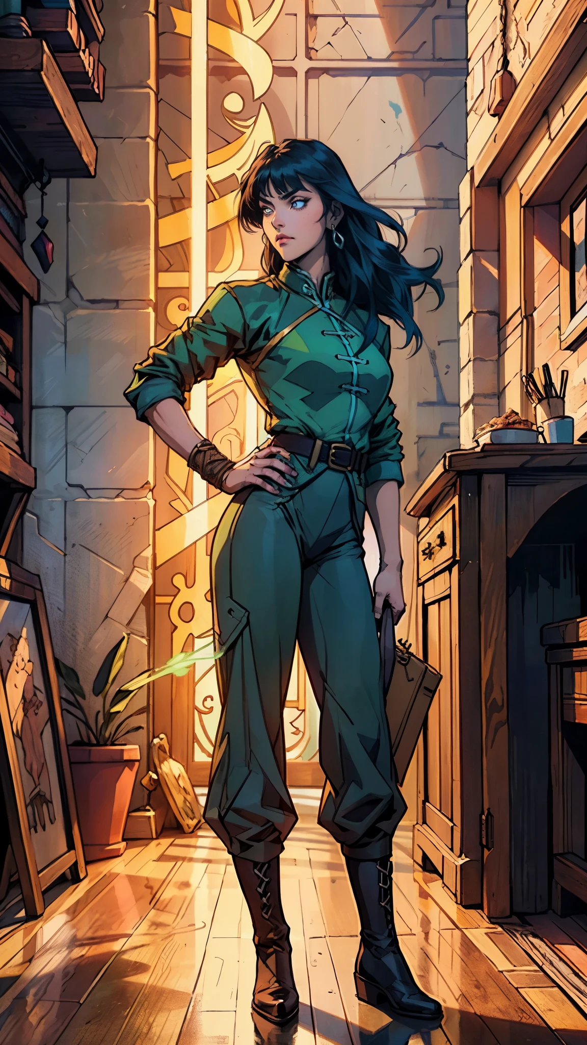 ((A young woman with flowing long dark blue hair, long side part bangs covering the right side of her face, sharp upward-arched thick eyebrows, large expressive eyes, a delicate oval face, a sensual wide mouth, a mocking expression, a fantasy martial arts-style emerald green short jacket with a blue undershirt, a high collar, rolled-up sleeves, matching fabric pants, a yellow waist belt, leather combat boots, one hand rests on her hip, surrounded by a cyan energy aura, standing in a fantasy style Chinese tavern)), this character embodies a finely crafted a fantasy martial arts heroine in anime style, exquisite and mature manga art style, pale skin, high definition, best quality, highres, ultra-detailed, ultra-fine painting, extremely delicate, professional, anatomically correct, symmetrical face, extremely detailed eyes and face, high quality eyes, creativity, RAW photo, UHD, 32k, Natural light, cinematic lighting, masterpiece-anatomy-perfect, masterpiece:1.5