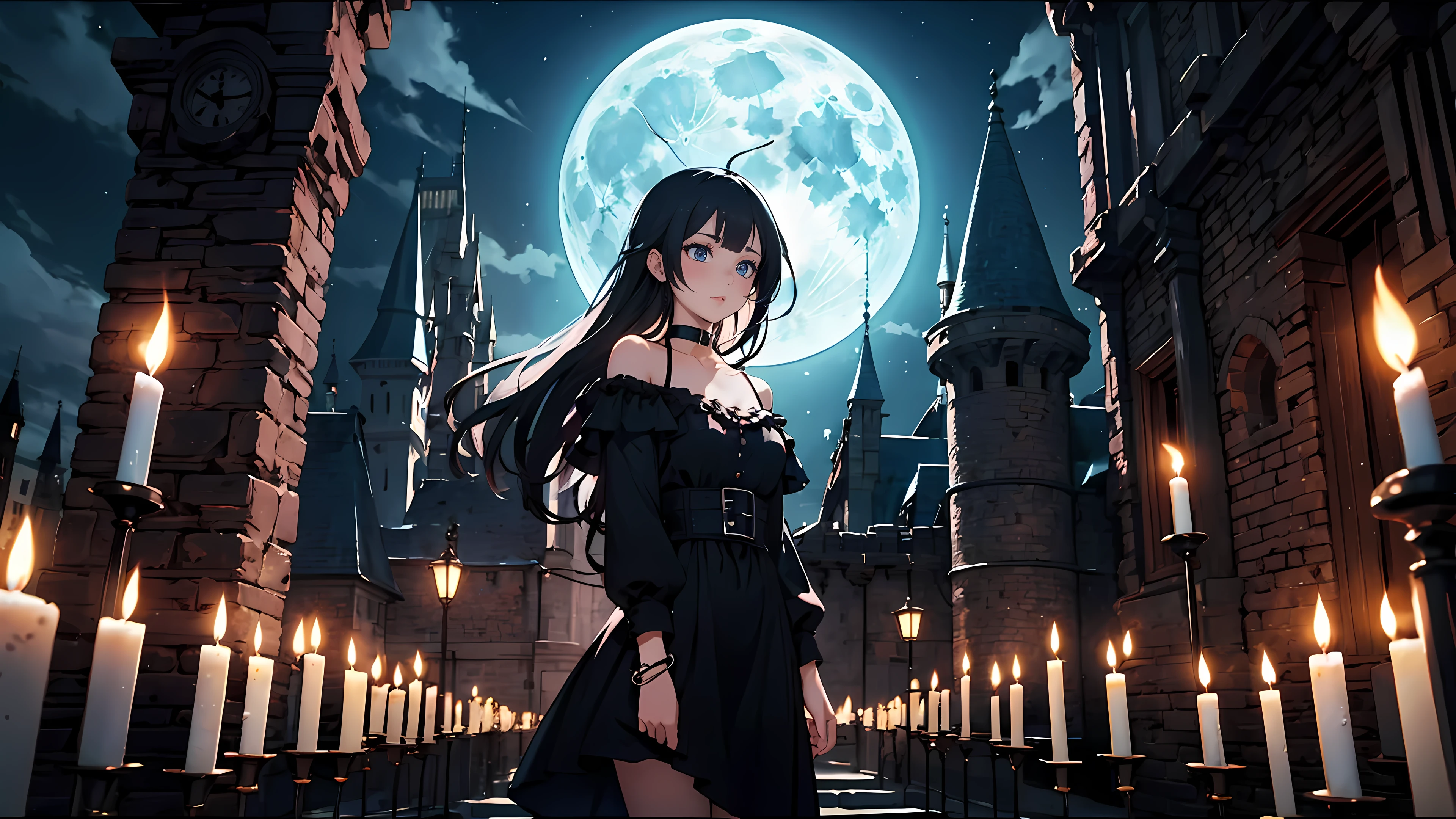 ((1girl)), long black hair, choker collar, bracelets, long black dress, standing, cowboy shot, gothic castle, archway, night, nighttime, one moon, moonlight, candles, candlelight, dramatic lighting, cinematic lighting,