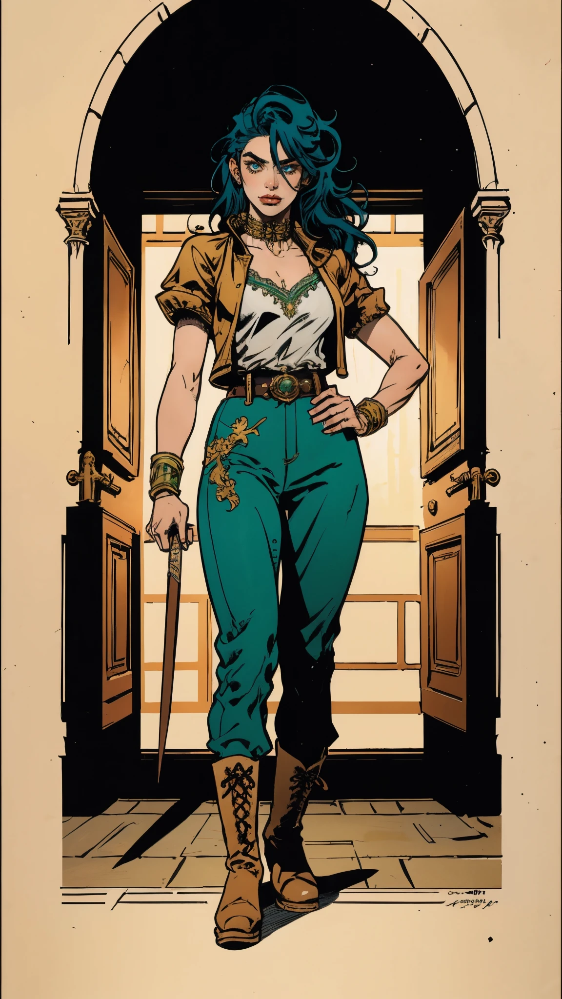 ((A young woman with flowing long dark blue hair, long side part bangs covering the right side of her face, sharp upward-arched thick eyebrows, large expressive eyes, a delicate oval face, a sensual wide mouth, a mocking expression, a fantasy martial arts-style emerald green short jacket with a blue undershirt, a high collar, rolled-up sleeves, matching fabric pants, a yellow waist belt, leather combat boots, one hand rests on her hip, surrounded by a cyan energy aura, standing in a fantasy style Chinese tavern)), this character embodies a finely crafted a fantasy martial arts heroine in anime style, exquisite and mature manga art style, pale skin, high definition, best quality, highres, ultra-detailed, ultra-fine painting, extremely delicate, professional, anatomically correct, symmetrical face, extremely detailed eyes and face, high quality eyes, creativity, RAW photo, UHD, 32k, Natural light, cinematic lighting, masterpiece-anatomy-perfect, masterpiece:1.5
