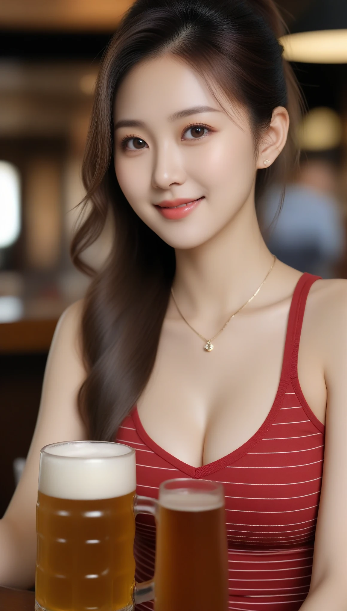 Close-up shot of beautiful korean female, 34 inch breasts size, high ponytail , slightly smile, wearing red striped v-neck  tank top, necklace, with the beer mug, in the bar, UHD