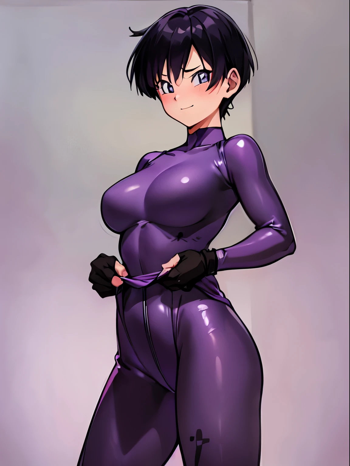 videl,1 girl,alone,((bright purple tight suit,:1.5)),barefoot,smile,big breasts,blush,bare hands,best image quality,highest quality,((1 girl:1.4)),please open your mouth wide,bed,show your butt,black hair,blue eyes,Are standing