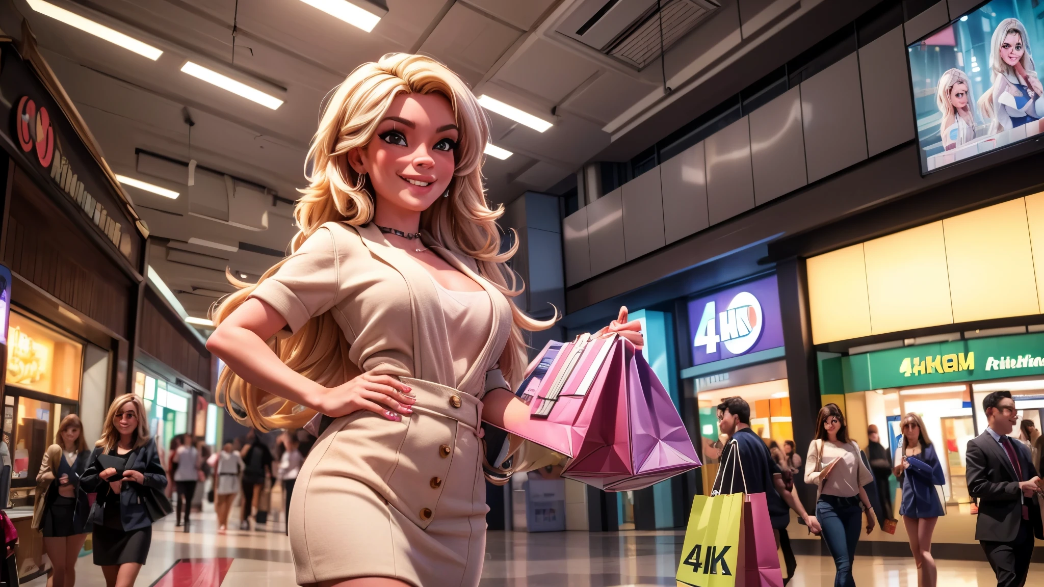 (best quality,4k,8k,highres,masterpiece:1.2),ultra-detailed, College Girl shopping in a mall, strutting her stuff, Smiling and laughing, Flirting with the viewer, HDR, 8k, absurdres, cinestill 800, sharp focus, add_detail:3 (solo woman) b1mb0