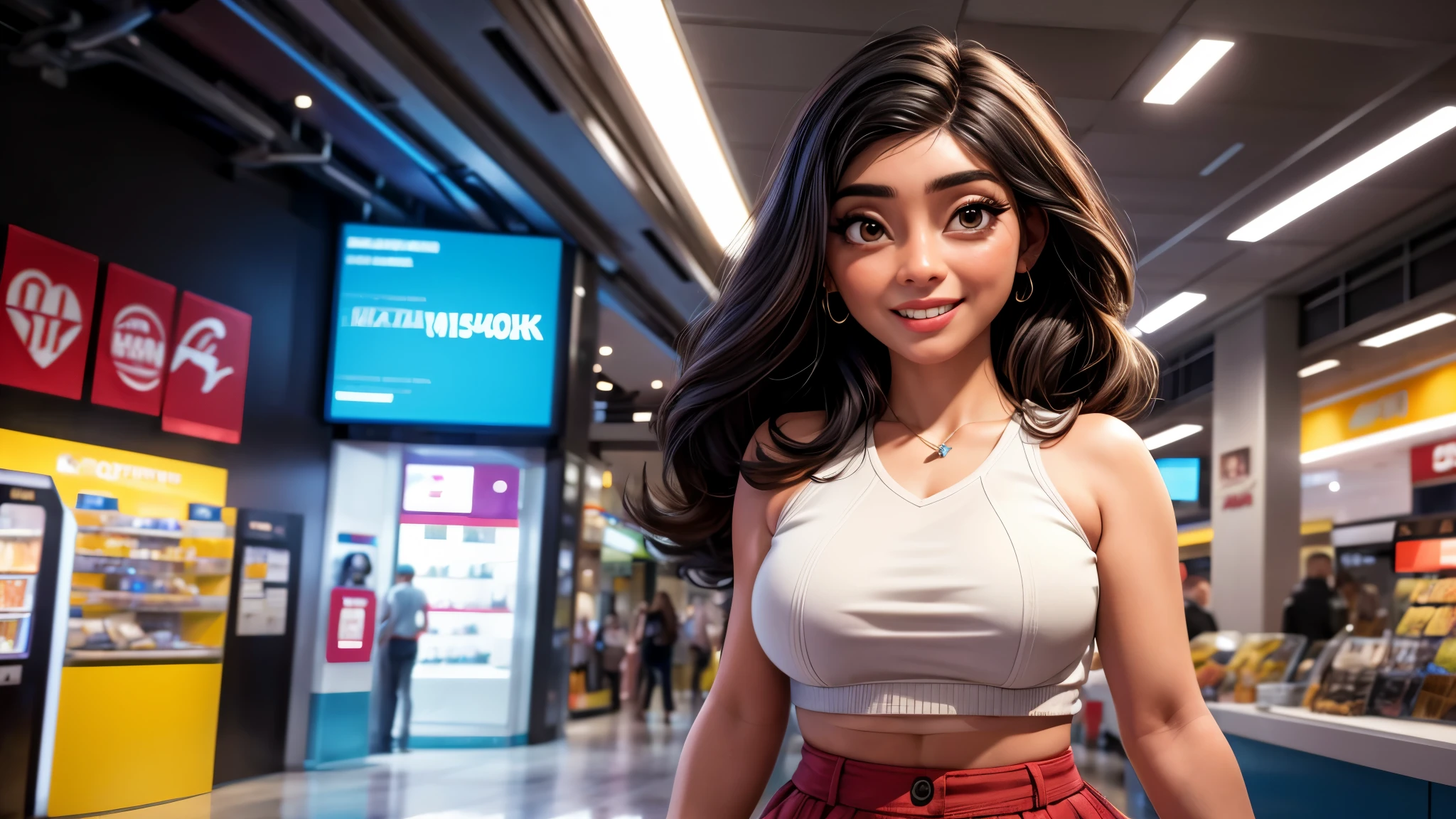 (best quality,4k,8k,highres,masterpiece:1.2),ultra-detailed, College Girl shopping in a mall, strutting her stuff, Smiling and laughing, Flirting with the viewer, HDR, 8k, absurdres, cinestill 800, sharp focus, add_detail:3 (solo woman) EvaNotty