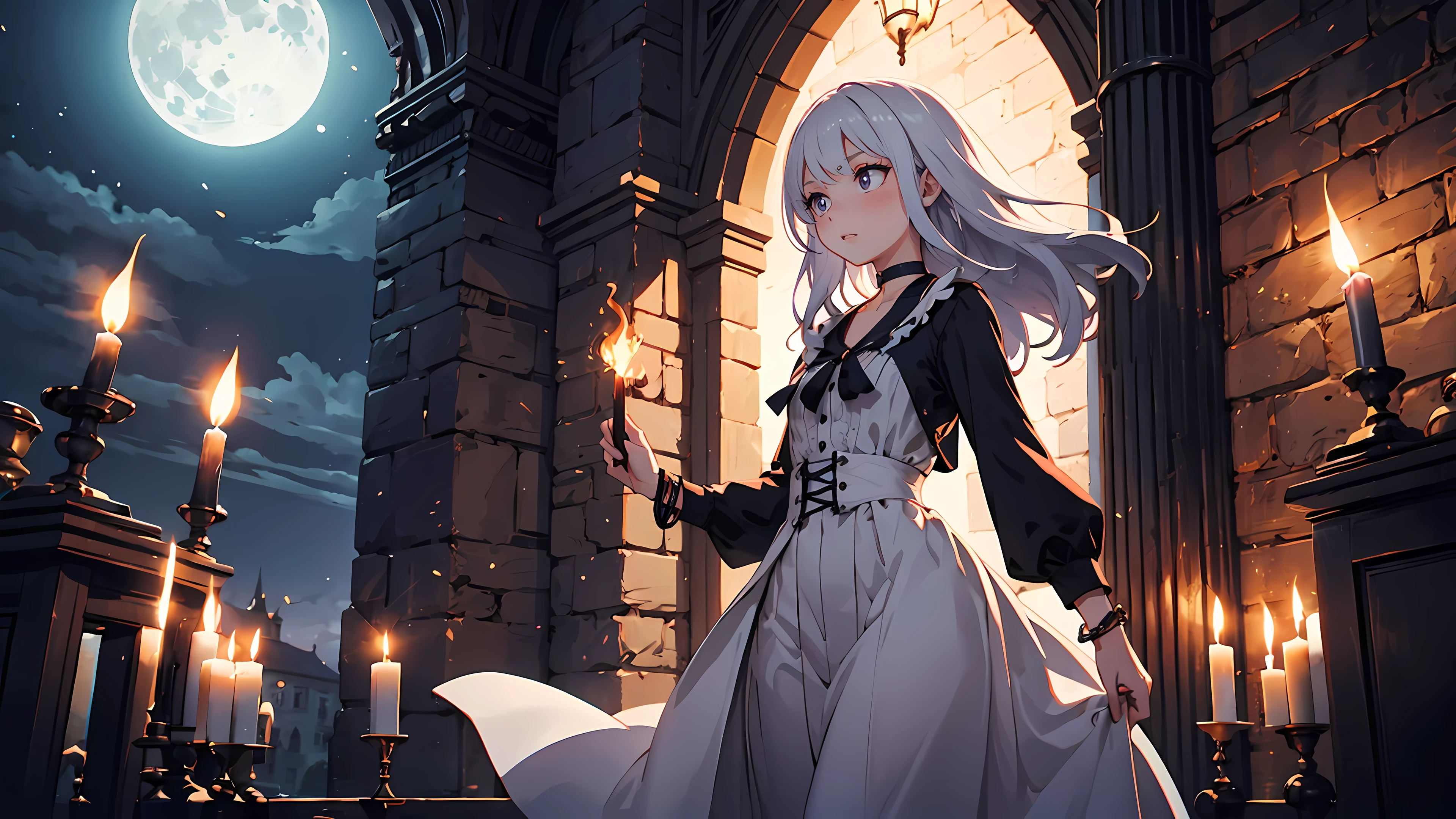 ((1girl)), long white hair, choker collar, bracelets, long white dress, standing, cowboy shot, gothic castle, archway, night, nighttime, one moon, moonlight, candles, candlelight, dramatic lighting, cinematic lighting,