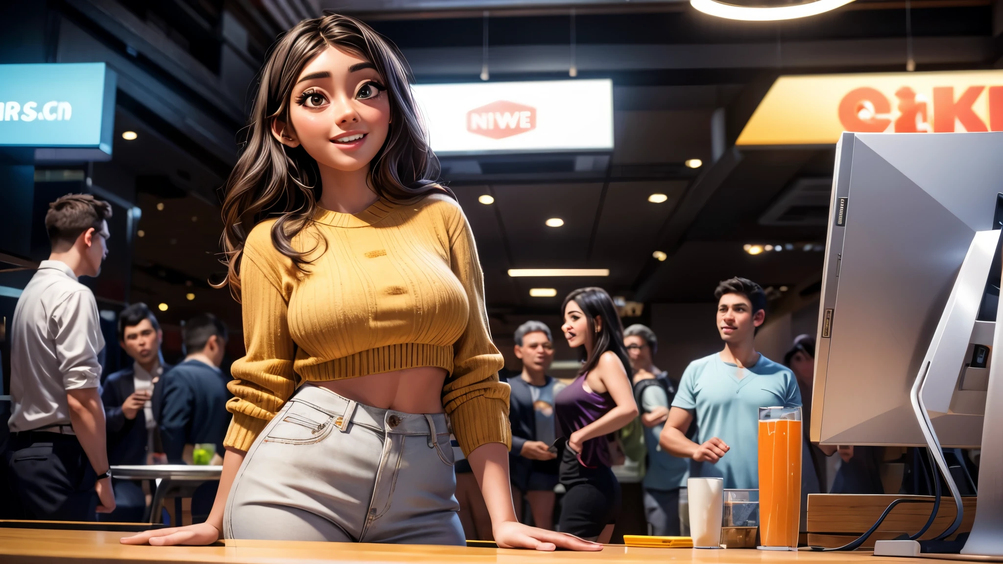 (best quality,4k,8k,highres,masterpiece:1.2),ultra-detailed, College Girl shopping in a mall, strutting her stuff, Smiling and laughing, Flirting with the viewer, HDR, 8k, absurdres, cinestill 800, sharp focus, add_detail:3 (solo woman) VioletMyers