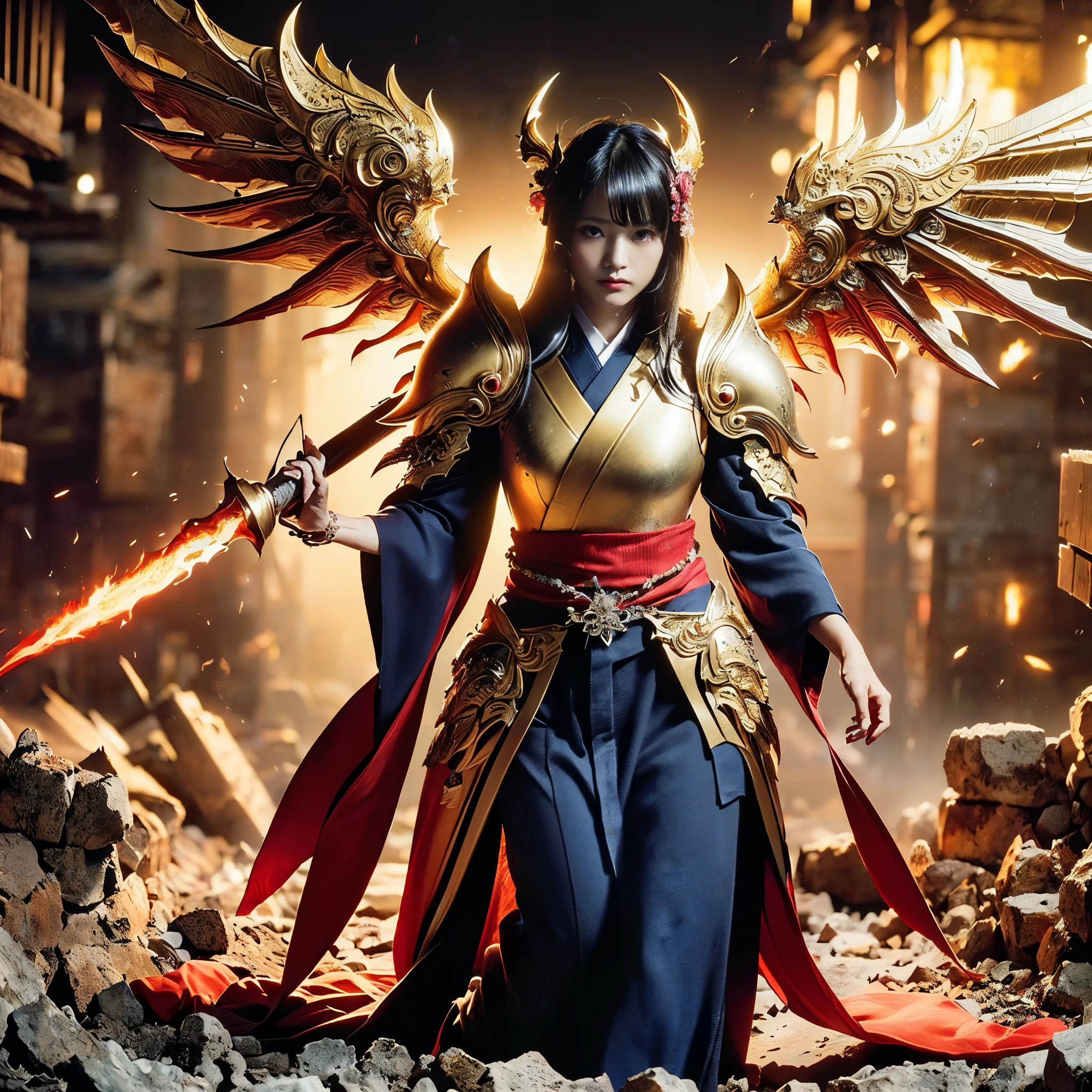 (((Realistic, masterpiece, best quality, crisp detail, high definition, high detail, very rich detail, sharp focus, sharp detail, colorful, perfect studio lightning))), ((20 years old goddess, kasumi arimura, flying, floating)),(((in the middle of war, epic war scene))), wearing (((beautiful decorated golden heavy armor, dragon armor, decorated full body armor, fully armored beautiful kimono, wide golden wings))), (flying, floating, attack stance, holding fantasy weapon, blood scattered face, blood tears, blood bath, blood shed), (((fire everywhere, blood everywhere, death everywhere, japan bakumatsu period, dead bodies,carcass,burned japanese castle,hellish,chaos)) traditional village background)