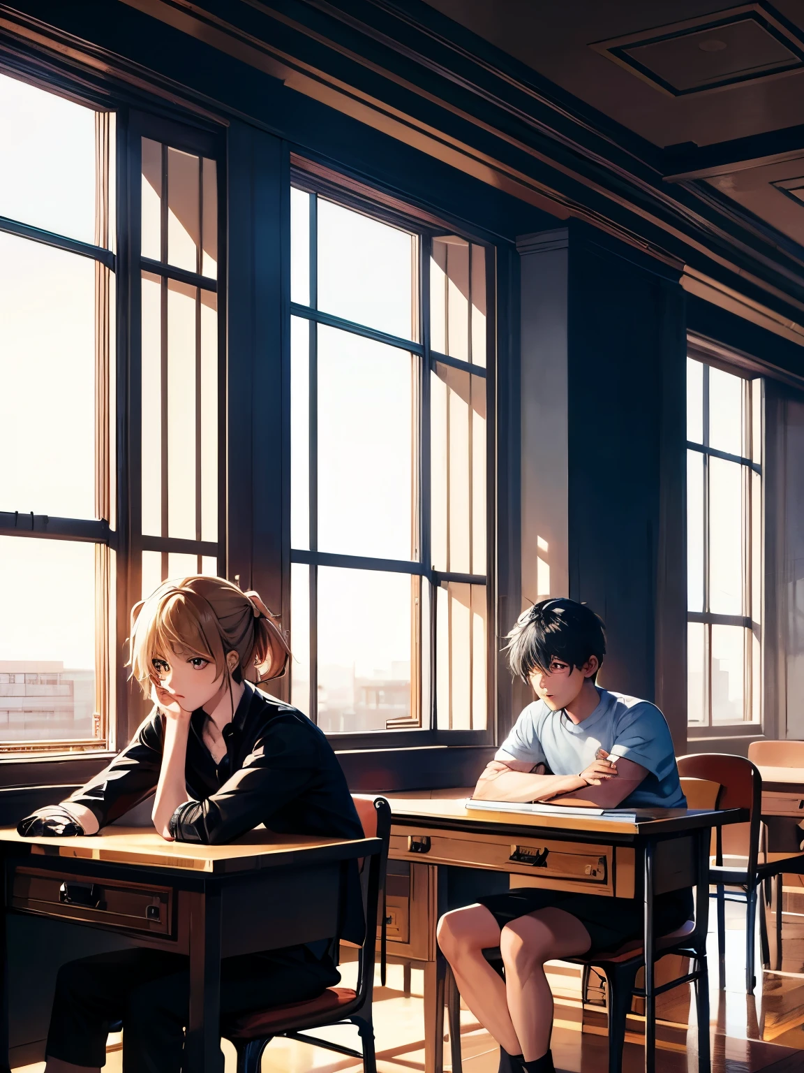 cartoon of two boys sitting at a table with a book and a backpack, an anime drawing by Naka Bokunen, tumblr, happening, ddlc, in the art style of 8 0 s anime, 9 0 s anime style, 90s anime style, in anime style, in an anime style, anime aesthetic, anime vibes, 9 0 s anime aesthetic, classic classroom with beautiful background window, beautiful boys sitting on his own desks, talking to each other, the first boy has blonde hair, the second boy has black hair