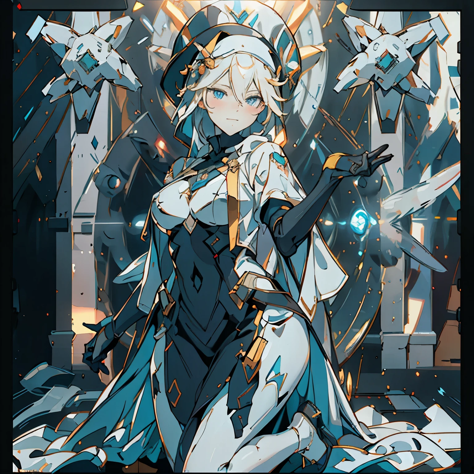 1 adult woman, alone, High detail mature face, long bread blond hair, smile, blue eyes, black and white Nun hat, high res, ultra sharp, 8k, masterpiece, looking at viewer, long black gloves, Sharp eyes, ((Best quality)), ((masterpiece)), 3D, HDR (High Dynamic Range),Ray Tracing, NVIDIA RTX, Super-Resolution, Unreal 5,Subsurface scattering, PBR Texturing, Post-processing, Anisotropic Filtering, Depth-of-field, Maximum clarity and sharpness, Multi-layered textures, Albedo and Specular maps, Surface shading, Accurate simulation of light-material interaction, Perfect proportions, Octane Render, Two-tone lighting, Wide aperture, Low ISO, White balance, Rule of thirds,8K RAW, Aura, masterpiece, best quality, Mysterious expression, magical effects like sparkles or energy, flowing robes or enchanting attire, mechanic creatures or mystical background, rim lighting, side lighting, cinematic light, ultra high res, 8k uhd, film grain, best shadow, delicate, RAW, light particles, detailed skin texture, detailed cloth texture, beautiful face, fighting stance , holding staff