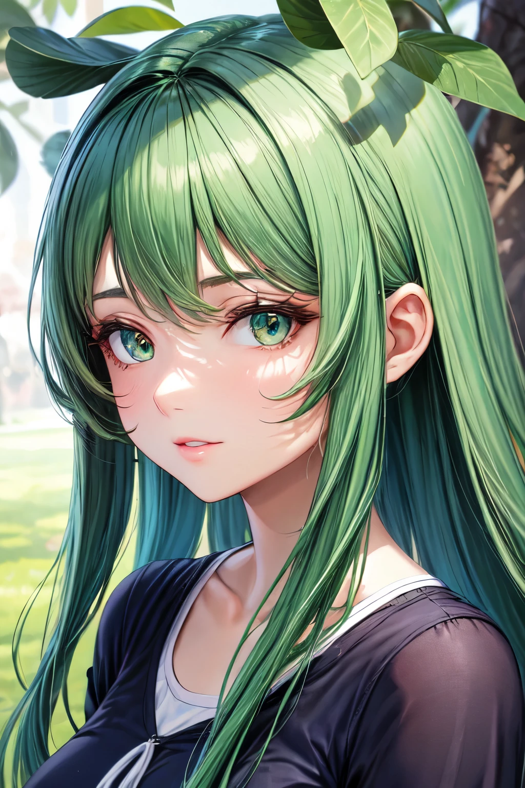 1 garota, cabelo castanho escuro, olho verde, franja e shape
