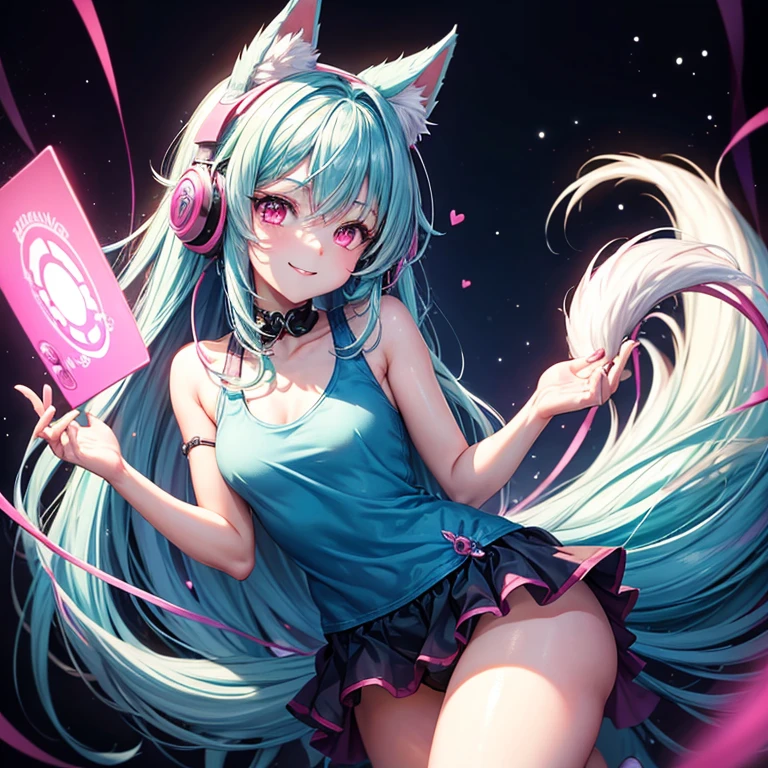 A elementary scholar nine tail fox girl playing games in her pc. Her face is facing towards the camera. She smiles. She has light blue hair. She wears a small blue coloured tank top. She use a pink headset. She has a sparkling pink eyes. She is cute, cunning, beautiful, stunning, and sparkling. She has small breast. She has a very long hair and tail. Her hands are making love mark. Her thigh is lifted.