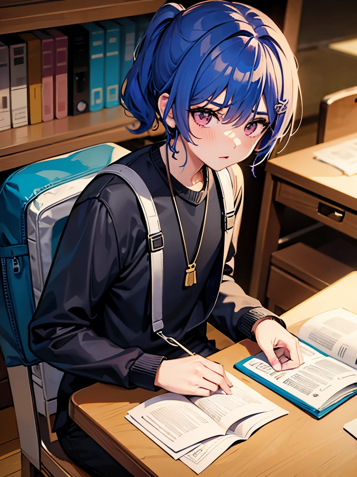 cartoon of two boys sitting at a table with a book and a backpack, ddlc, in the art style of 8 0 s anime, 9 0 s anime style, 90s anime style, in anime style, in an anime style, anime aesthetic, anime vibes, 9 0 s anime aesthetic, 9 0 s anime art style, lofi boy, typical anime classroom