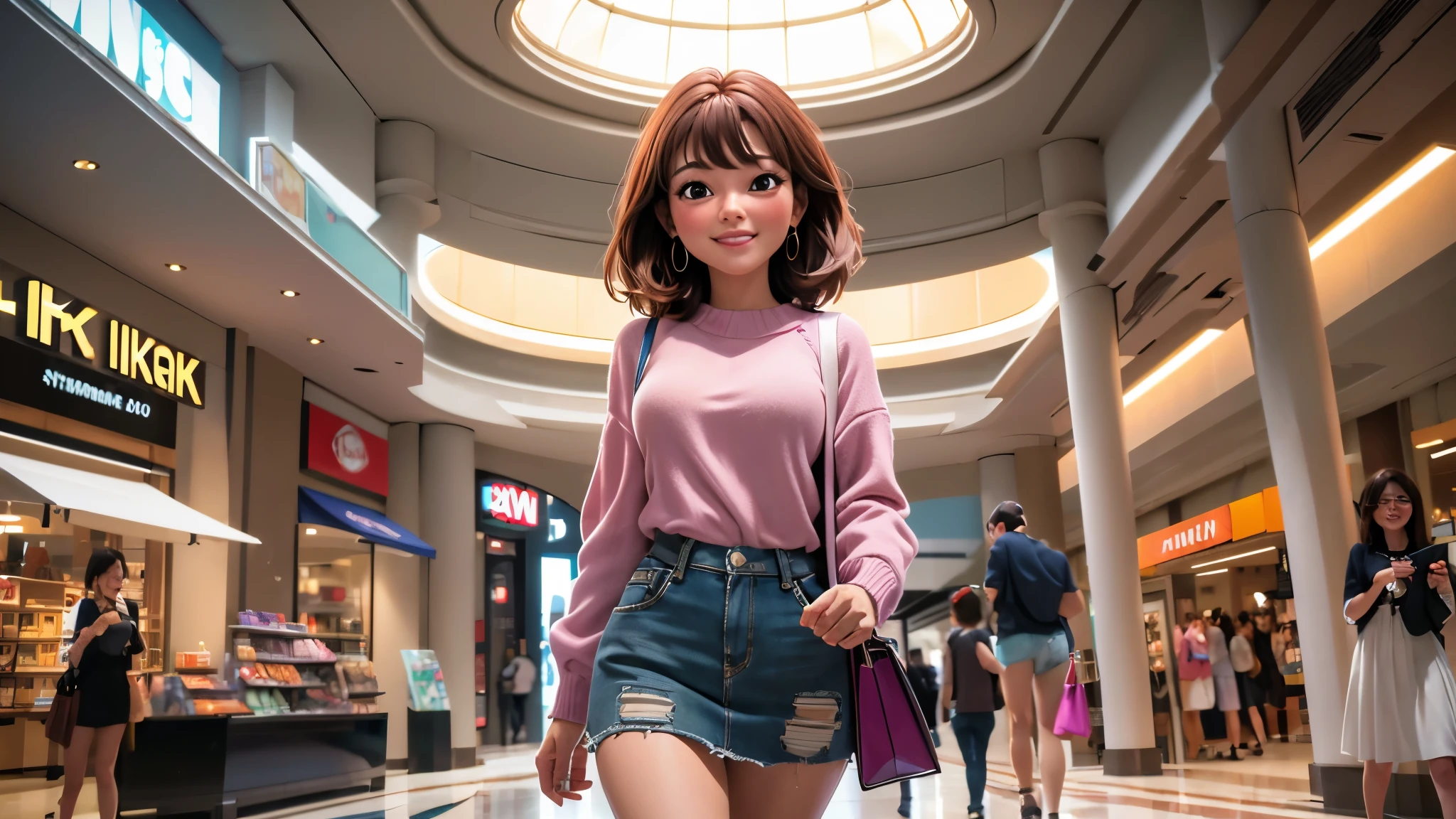 (best quality,4k,8k,highres,masterpiece:1.2),ultra-detailed, College Girl shopping in a mall, strutting her stuff, Smiling and laughing, Flirting with the viewer, HDR, 8k, absurdres, cinestill 800, sharp focus, add_detail:3 (solo woman) Hamamao