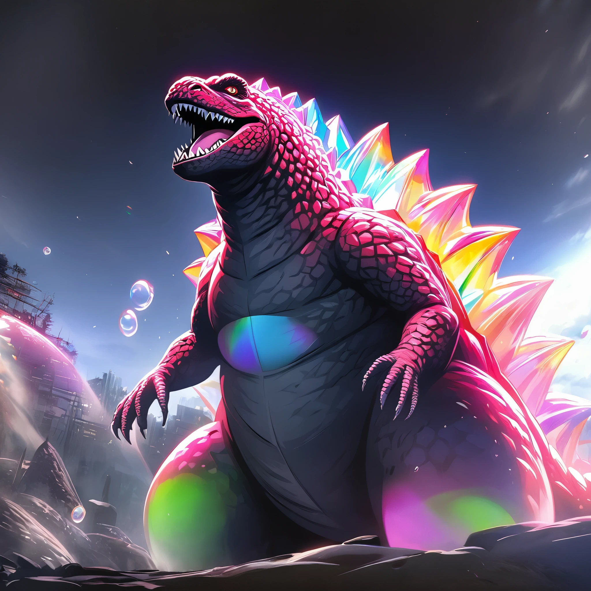 (chiaroscuro,Ray tracing),Ridiculous, (movie godzilla:1.5),Thin body,The background is the ruins of a city,, black and red, bright, night的天空背景, Volumetric lighting, Tone mapping, sharp focus,Wrapped in huge bubbles(beauty),night,Kaneko,Pink,green,glass texture、 Gradient translucent glass melt