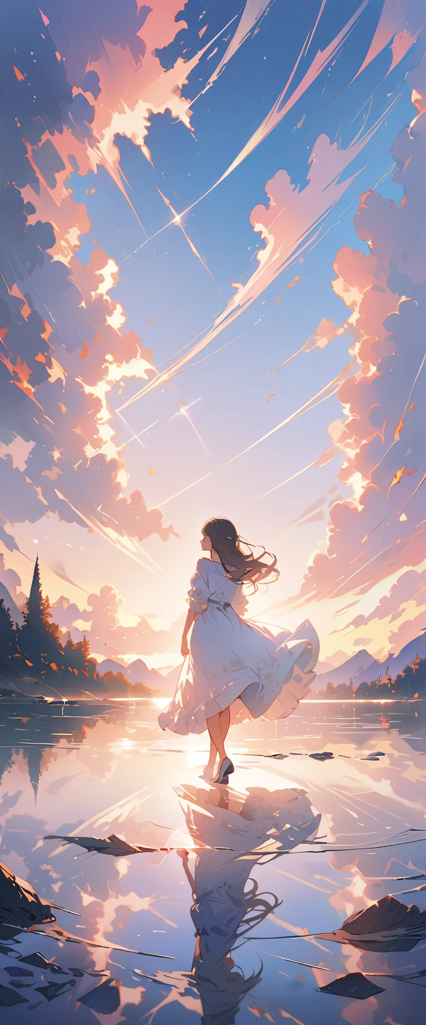 art officiel, fond d'unified 8k screen, super detailed, chef-d'artwork, Meilleure qualité d'image,super grand angle,evening,une femme,Debout dans l'pond,l'eau est comme un miroir,reflecting the sky。regarde vers le ciel,coucher de soleil coloré,Angle dynamique, Grace, Couleurs vives,