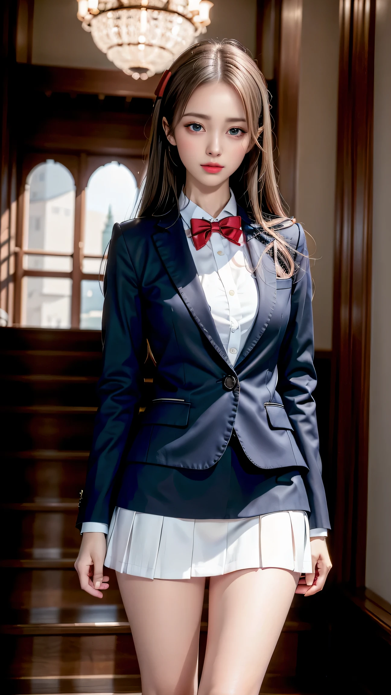 (Girl Standing On School Steps),top quality work,Real work,Ultra premium graphics,8K HD CG作品,high quality graphics,High-definition CG works,10x pixels,super fine details:1.1,Advanced technical details:1.1Photo-realistic,indoor lighting effects:1.5,Natural light:1.5. light effect(virtual light effect:1.8),超A high resolution,shiny red dress,長いsilver hair,silver hair,transparent hair,high detail hair(premium hair detail:1.1)clear eyes,beautiful double eyelids,sharp eye makeup, delicate eyelash makeup, thin eyebrows, highly detailed eyes,high nose, nice red lips, rose cheeks, A face with delicate makeup , cute face, perfectly proportioned face,(Advanced facial details:1.1),shiny,wonderful dress,bright red series,(white blazer) 、(white blouse)、(red bow tie)、(checked skirt)、、girls school uniform、photo shoot,woman'artwork of,full body figure,realism,wonderful,My eyes are shining today