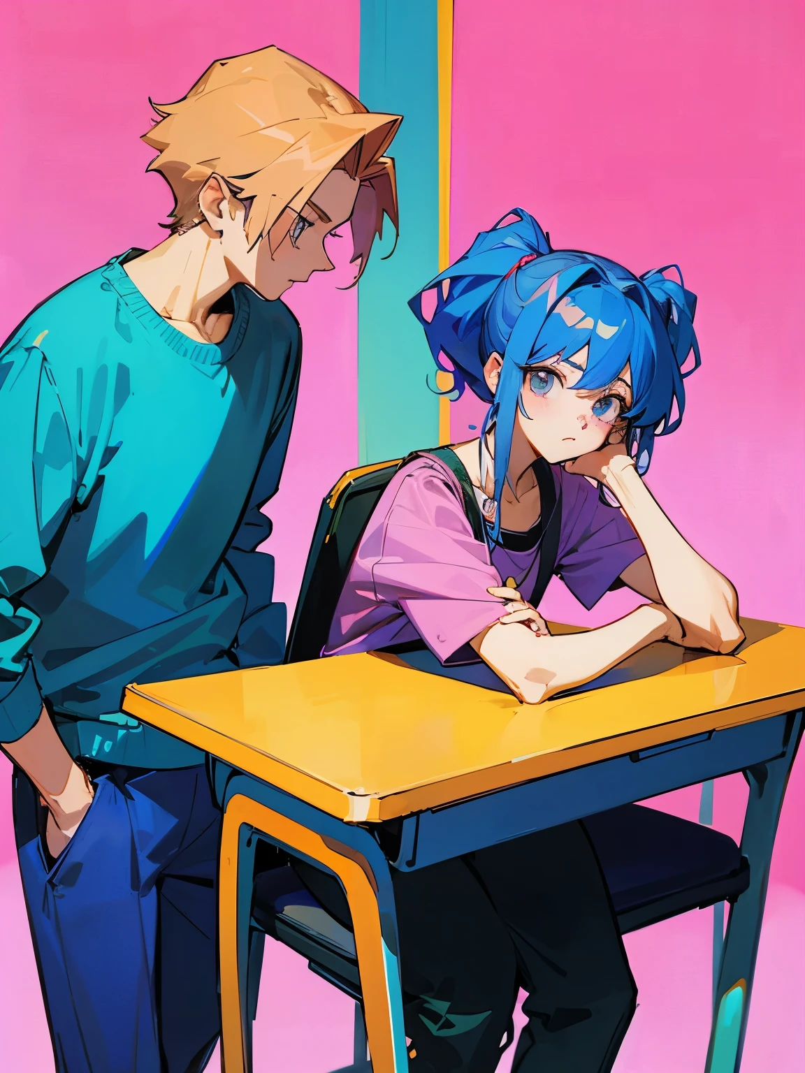 cartoon of two boys sitting at a table with a book and a backpack, ddlc, in the art style of 8 0 s anime, 9 0 s anime style, 90s anime style, in anime style, in an anime style, anime aesthetic, anime vibes, 9 0 s anime aesthetic, 9 0 s anime art style, lofi boy, typical anime classroom