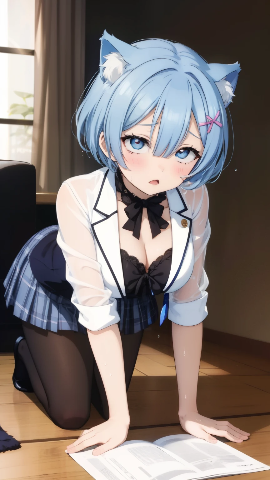 Rem from Re:Zero、2 Rems、light blue hair、short hair、table top、High resolution、two girls、big and full breasts、naughty body、See-through、throw、、whole body、Are standing、Look up at me、confused face、blush、black pantyhose、female shape'Private parts are clearly visible、I can see your nipples、white shirt、navy check skirt、micro mini skirt、very short skirt、Department store、shop、Many people々々々、in the crowd、bare chest、show your chest、、Upper grade、A lot of milk comes out from the nipples、Breast milk gushes from the nipple、Cat ear、blazer jacket uniform、high 、white shirt、Blue Gingham Check Skirt、With cup 、Breast milk drips from the nipples、Breasts wet with breast milk、female shape'Private parts are clearly visible、view from a distance、Ahegao、Cumming face、Climax、Feels good、I'm trembling、lean against the wall、Looks painful、stick out tongue、Pant voice、eyes with heart mark、my crotch is wet、Love juice drips from the pubic area、crawl on all fours