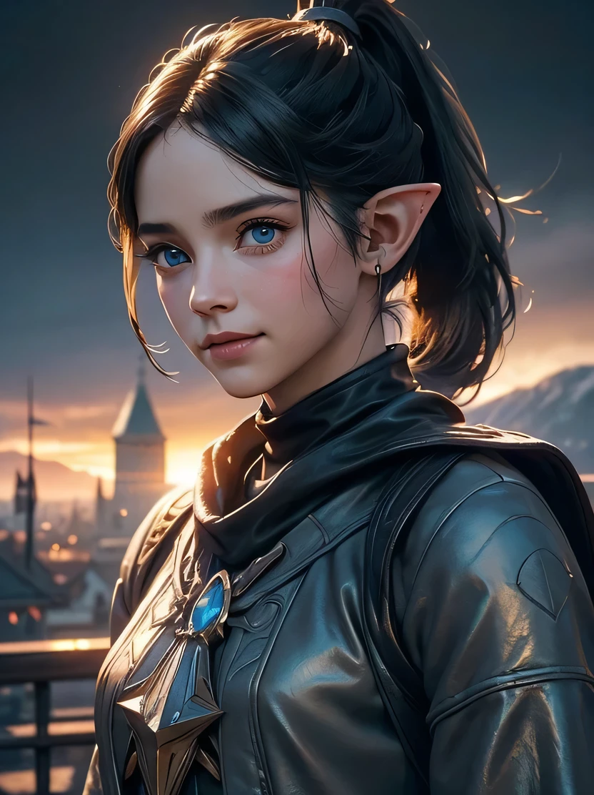 ((masterpiece、highest quality、Super detailed、High resolution、sharp focus、photorealistic、cinematic lighting))、((1 female、cowboy shot、Portrait of a beautiful female elf 、40 years old))、face light、high brightness、elaborately patterned cloth cloak、Textured black leather armor and leggings、Chalkboard armor with delicate carvings、black leather gloves、tall、well-proportioned body shape、focus from the chest up、((black hair ponytail))、blue eyes、sharp eyes、highly detailed face、Fine ears、Smile、dynamic action pose、view audience、Detailed depiction of hands、Beautiful medieval cityscape and castle in the background、Detailed background depiction