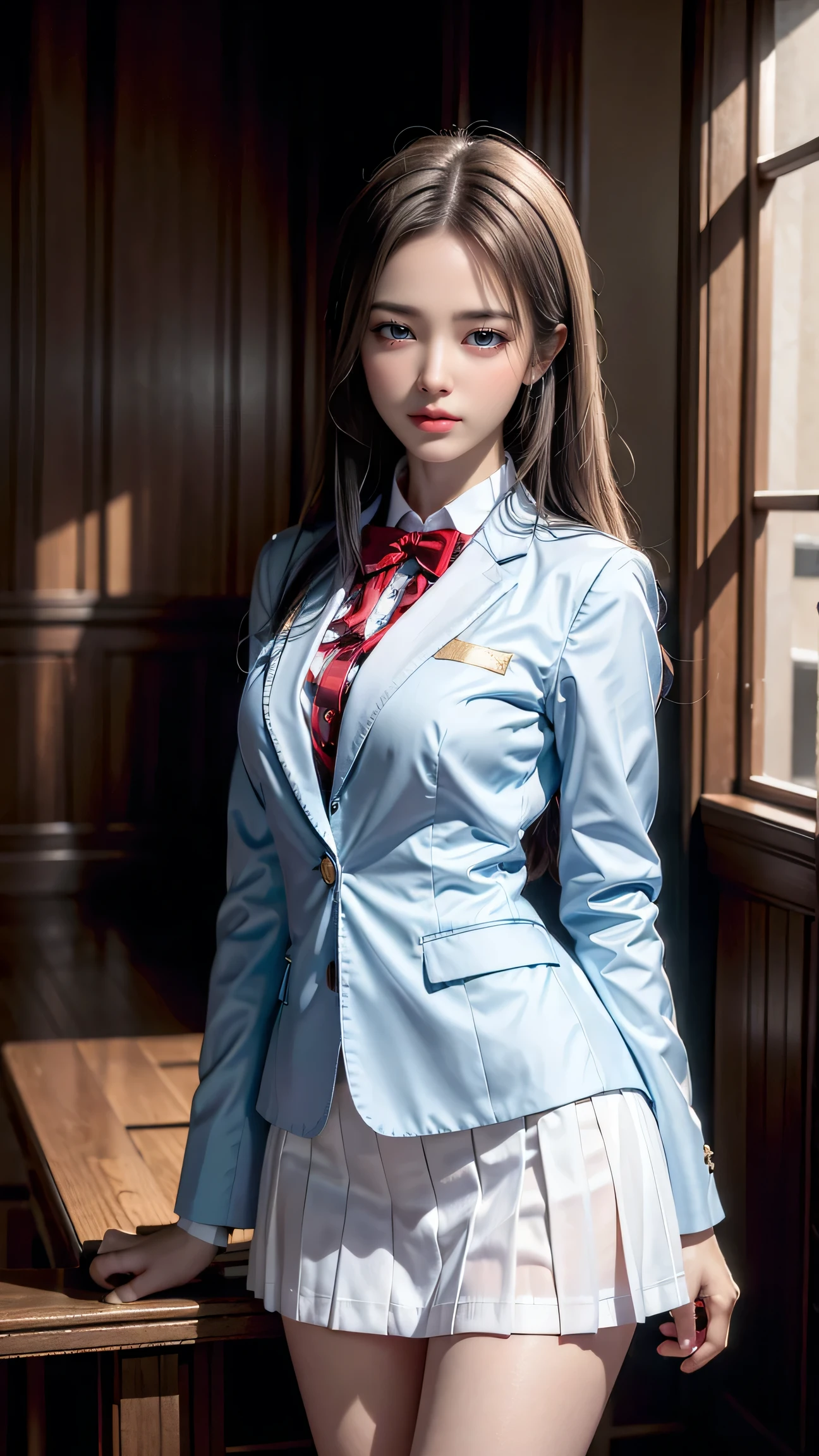 top quality work,Real work,Ultra premium graphics,8K HD CG作品,high quality graphics,High-definition CG works,10x pixels,super fine details:1.1,Advanced technical details:1.1Photo-realistic,indoor lighting effects:1.5,Natural light:1.5. light effect(virtual light effect:1.8),超A high resolution,shiny red dress,長いsilver hair,silver hair,transparent hair,high detail hair(premium hair detail:1.1)clear eyes,beautiful double eyelids,sharp eye makeup, delicate eyelash makeup, thin eyebrows, highly detailed eyes,high nose, nice red lips, rose cheeks, A face with delicate makeup , cute face, perfectly proportioned face,(Advanced facial details:1.1),shiny,wonderful dress,bright red series,(white blazer) 、(white blouse)、(red bow tie)、(checked skirt)、、girls school uniform、photo shoot,woman'artwork of,full body figure,realism,wonderful,My eyes are shining today,(smile)