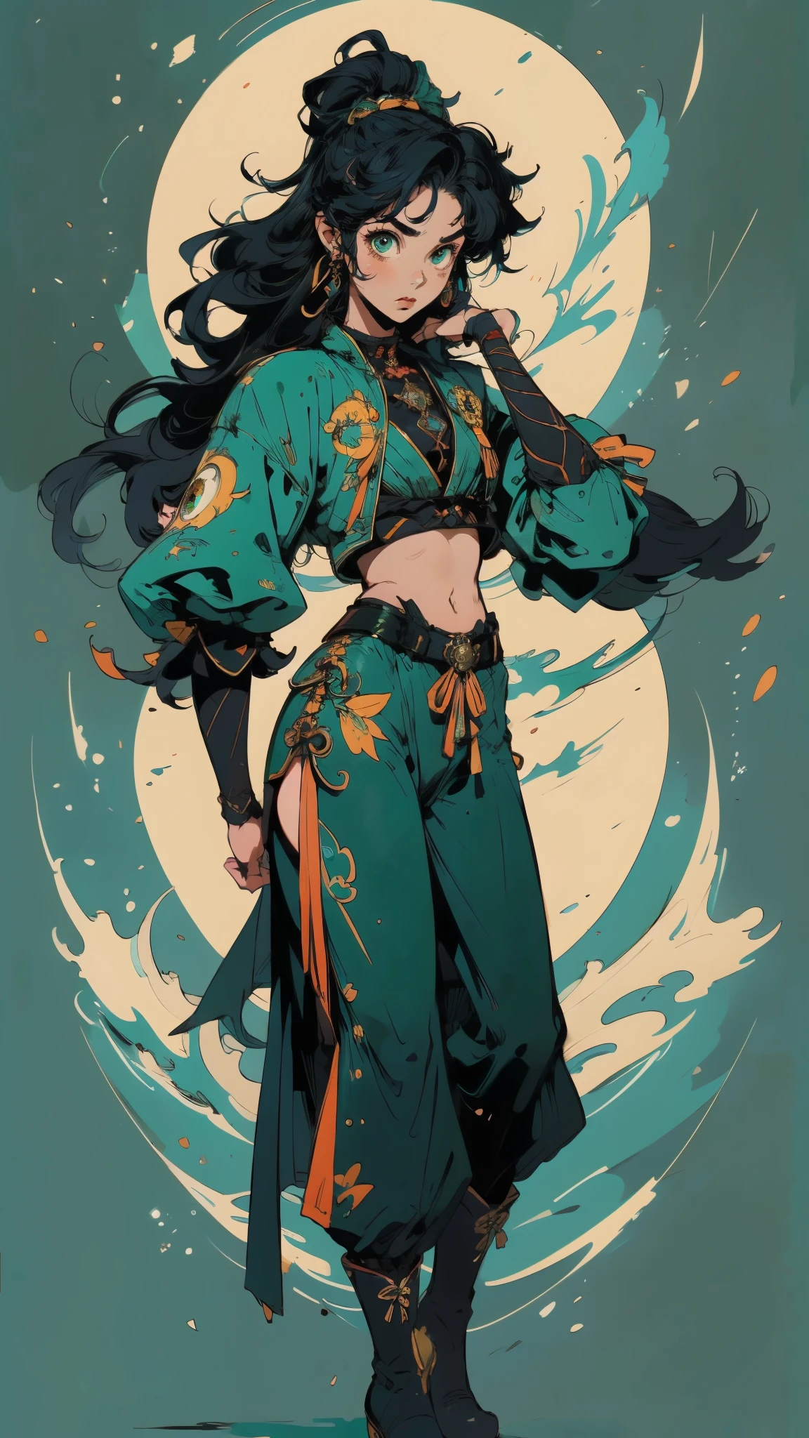 ((A young woman with flowing long dark blue hair, long side part bangs covering the right side of her face, sharp upward-arched thick eyebrows, large expressive eyes, a delicate oval face, a sensual wide mouth, a mocking expression, a fantasy martial arts-style emerald green short jacket with a blue undershirt, a high collar, rolled-up sleeves, matching fabric pants, a yellow waist belt, leather combat boots, one hand rests on her hip, surrounded by a cyan energy aura, standing in a fantasy style Chinese tavern)), this character embodies a finely crafted a fantasy martial arts heroine in anime style, exquisite and mature manga art style, pale skin, high definition, best quality, highres, ultra-detailed, ultra-fine painting, extremely delicate, professional, anatomically correct, symmetrical face, extremely detailed eyes and face, high quality eyes, creativity, RAW photo, UHD, 32k, Natural light, cinematic lighting, masterpiece-anatomy-perfect, masterpiece:1.5