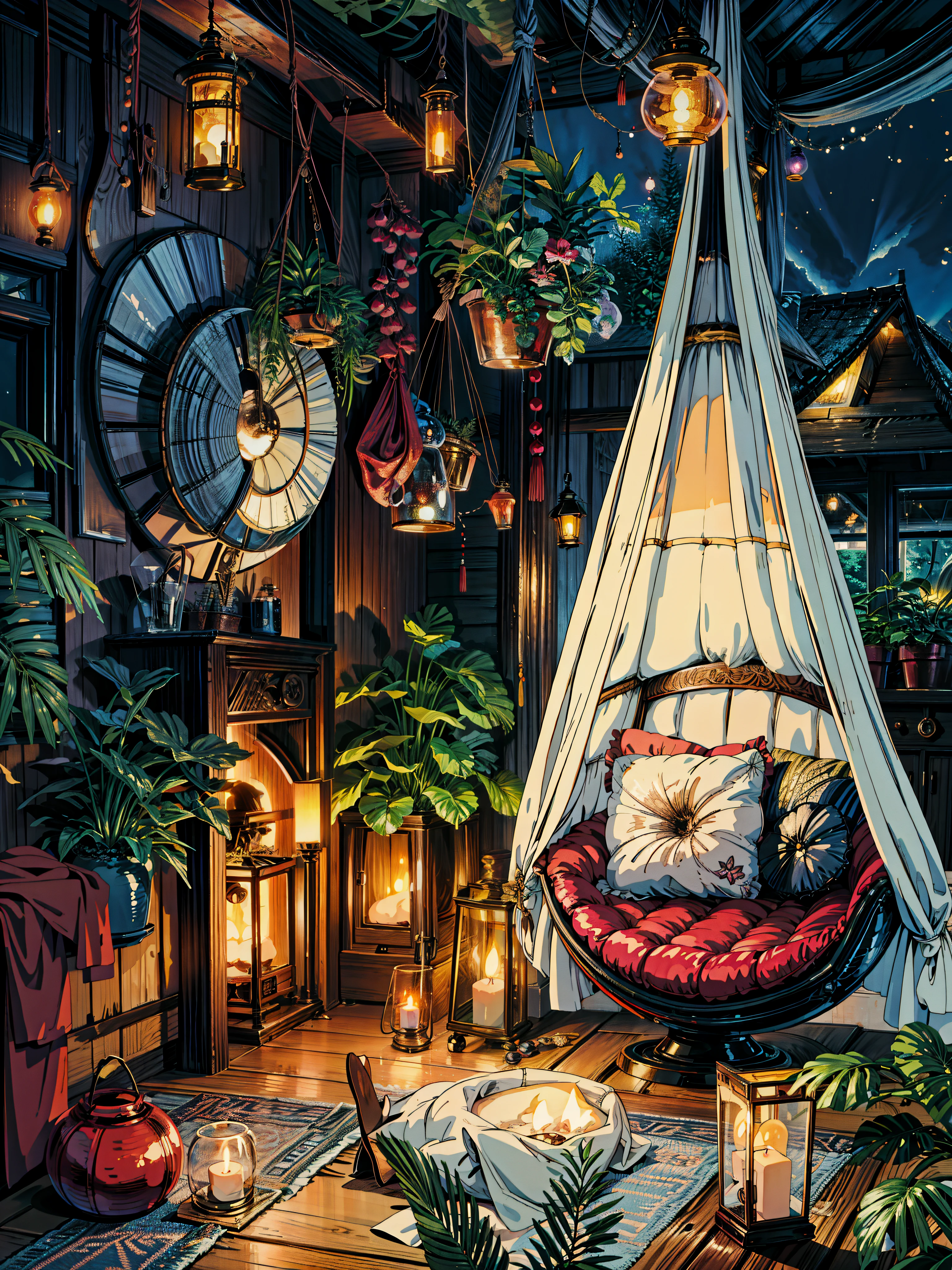 a room filled with lots of plants and furniture, cozy night fireflies, cozy and peaceful atmosphere, cosy enchanted scene, dream atmosphere, cozy atmosphere, lush plants and lanterns, cozy place, pleasant cozy atmosphere, dream scenery art, night outdoors, cosy atmosphere, dreamy illustration, comfy ambience, night under the starry sky, dream - like atmosphere, 4k hd,, beautiful art uhd 4 k, a beautiful artwork illustration, beautiful digital painting, highly detailed digital painting, beautiful digital artwork, detailed painting 4 k, very detailed digital painting, rich picturesque colors, gorgeous digital painting
