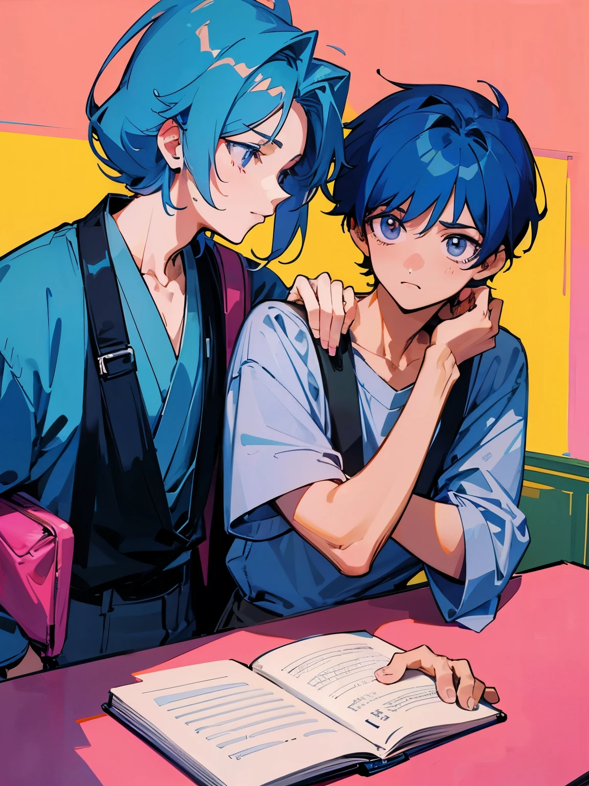 cartoon of two boys sitting at a table with a book and a backpack, ddlc, in the art style of 8 0 s anime, 9 0 s anime style, 90s anime style, in anime style, in an anime style, anime aesthetic, anime vibes, 9 0 s anime aesthetic, 9 0 s anime art style, lofi boy, typical anime classroom