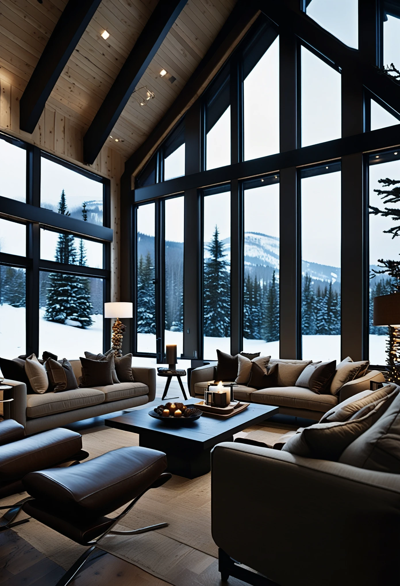 Living room
A double-height ceiling living room with a large, floor-to-ceiling window on one side log cabin. Outside is a dark snow-covered landscape. The living area is furnished with plush, contemporary sofas and chairs in neutral tones, grouped around a low, central coffee table. The room's color palette is composed of dark brown and warm tones, with the soft lighting from various lamps adding a cozy ambiance.