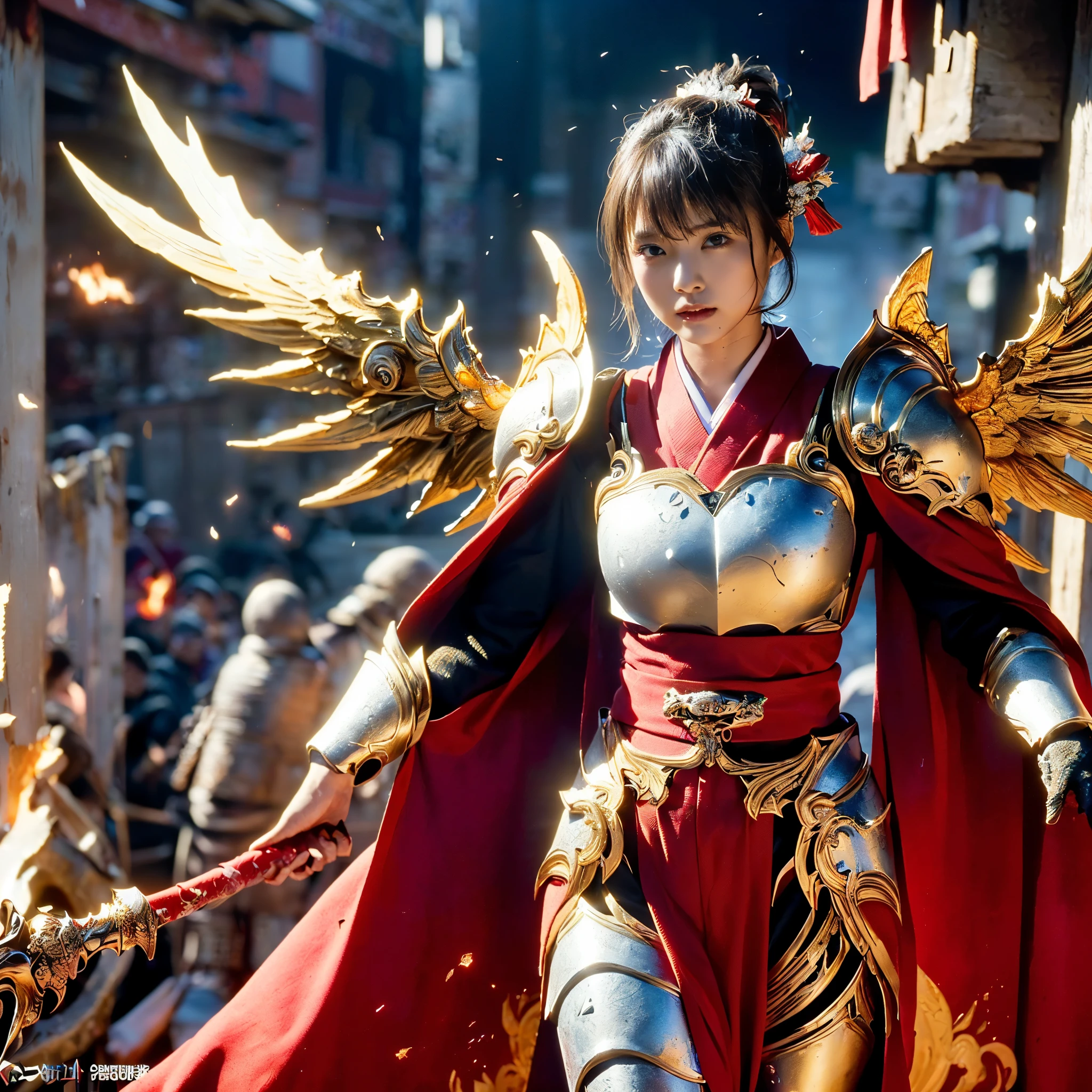 (((Realistic, masterpiece, best quality, crisp detail, high definition, high detail, very rich detail, sharp focus, sharp detail, colorful, perfect studio lightning))), ((20 years old goddess, kasumi arimura, flying, floating)),(((in the middle of war, epic war scene))), wearing (((beautiful decorated golden heavy armor, dragon armor, decorated full body armor, fully armored beautiful kimono, wide golden wings))), (flying, floating, attack stance, holding fantasy weapon, blood scattered face, blood tears, blood bath, blood shed), (((fire everywhere, blood everywhere, death everywhere, japan bakumatsu period, dead bodies,carcass,burned japanese castle,hellish,chaos)) traditional village background)