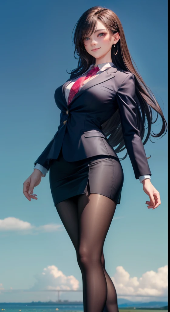 ((((perfect anatomy, super dense skin)))),(8K, highest quality, masterpiece:1.2),
(realistic, realistic:1.37),
Super detailed,

1 girl, full body esbian, outdoor, (adjust hair:1.5)
office lady, black office blazer, office skirt, (pantyhose black stockings:1.2), (down shirt with short buttons:1.2), Up collar prim with buttons, button down collar prim, good, (pantyhose:1.2), alpha layer, high heels, 

beautiful earrings, 
cute,
alone,
beautiful detailed sky,
(smile:1.15),
(closed mouth),
small breasts,
detailed and beautiful eyes,
business suit,
(long hair:1.2),
Floating hair NovaFrogStyle,