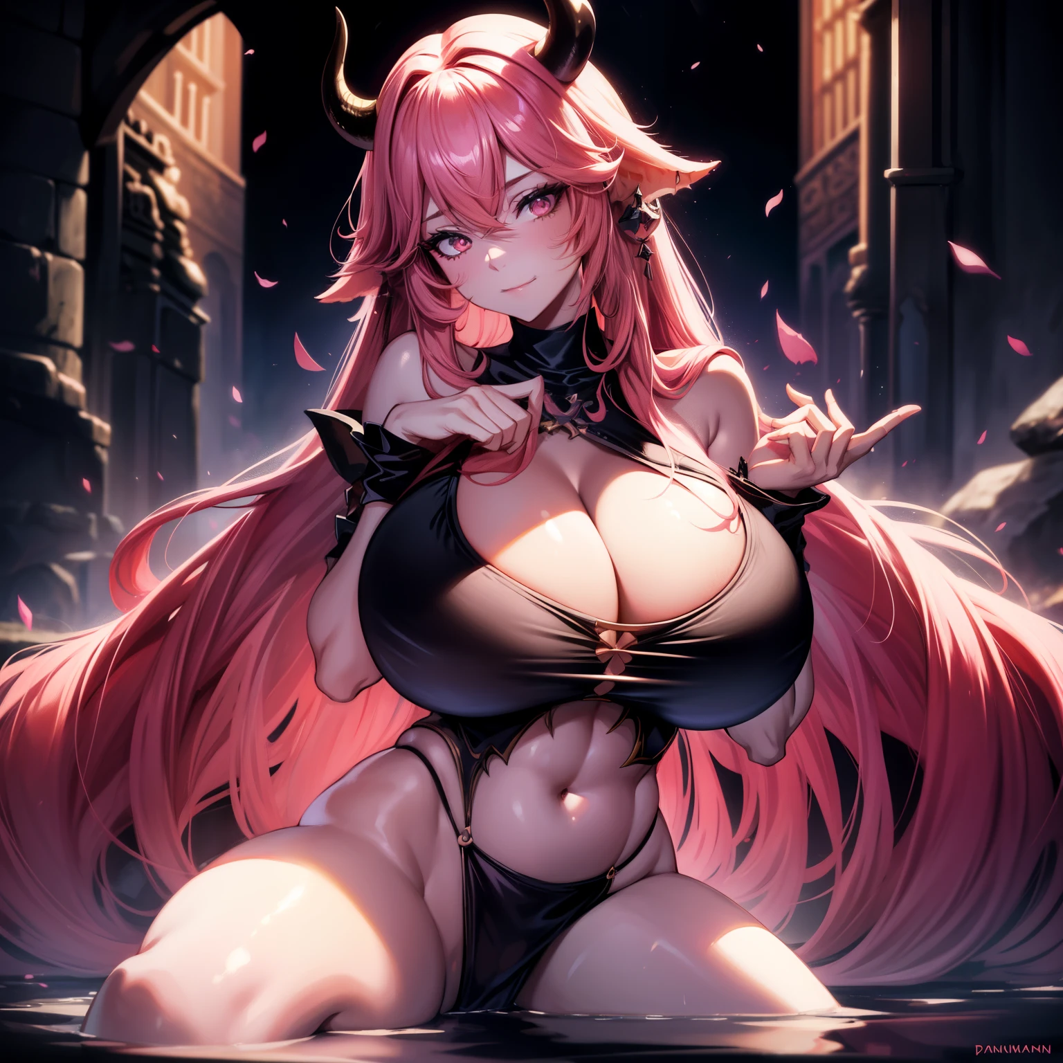 A female demon milf with black demon horn with wet dress, transparent dress getting wet, visible belly button, visible belly, ((demon horn)), extremely long pink rapunzel hair, ((Rapunzel pink hair)), white eyes of the devil., ((white eyes)), voluminous body with huge breasts and bust, ((huge breast and bust)), Magnificent beautiful bright cathedral, wicked and empty look, no shine in the eyes, looking at the viewer, prominently on your legs and breasts;, highlighting breasts and hair, sexy pose, sexualized pose, realistic breast grip, sysie high definition details, photography, insight, Unique 850 4, Koda850 k portrait camera, Spring F1.6 , rich colors, super realistic texture, spectacular light texture, surreal art, Cinestil 800 fashion mechanism