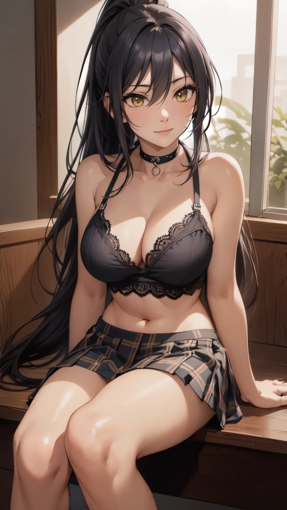 sakuyashirase, sakuya shirase, black hair, hair between eyes, long hair, (ponytail:1.4), (yellow eyes:1.5),NSFW,(large breasts:1.4),(cleavage between breasts),
break collarbone, green skirt, open collar, plaid, (plaid スカート, pleated skirt),(long skirt:1.3),(black lace underwear:1.4),(black lace panties:1.4),
break looking at viewer, full body,(smile:1.2),(hand between legs:1.4),(belly button,tight waist:1.2),(height 170cm),(sitting:1.3),18-year-old,(spread leg:1.4),
break indoors, classroom,bright room,
break (masterpiece:1.2), highest quality, High resolution, unity 8k wallpaper, (figure:0.8),vivid color, (detailed and beautiful eyes:1.4), highly detailed face, perfect lighting, Very detailed CG, (perfect hands, perfect anatomy),(Aesthetic Anime Eyes:1.3)