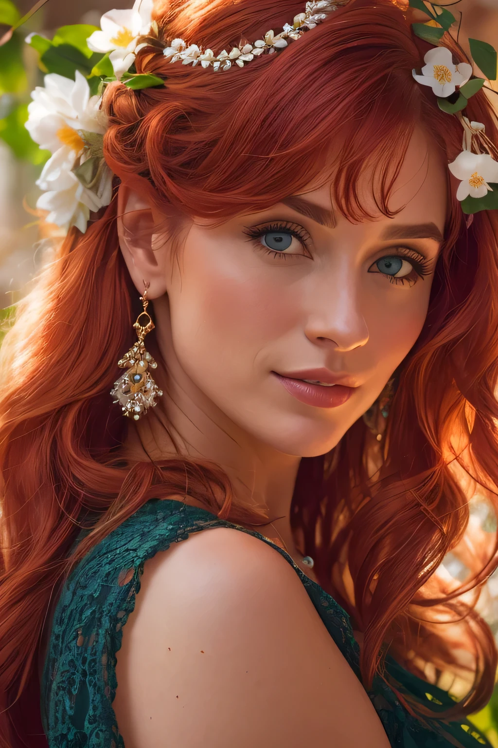 Beautiful redhead girl, Bryce Dallas Howard, with dark blue and shor chanel hair (Extra long wavy red tresses), ((Portrait)), ((Detailed face:1.2)), ((detailed facial features)), (finely detailed skin), fair complexion, ,posing elegantly on flower shop, Radiating confidence, (Fashionable red dress), (Photorealistic rendering), (High resolution: 4K or above), (Sharp rendering: Retina ready), Masterpiece, (Cinematic mood), Captured using Canon EOS R6, 85mm Lens, F/1.4, Natural light, (Detailed