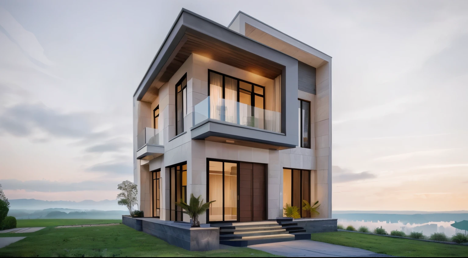 villa modern,night, Realistic, exterior,daylight, house, RAW photo, 8k uhd, dslr, (high detailed skin:1.3), soft lighting, ultra quality, film grain, Fujifilm XT3, sharp image, best quality, authentic, hight quality,