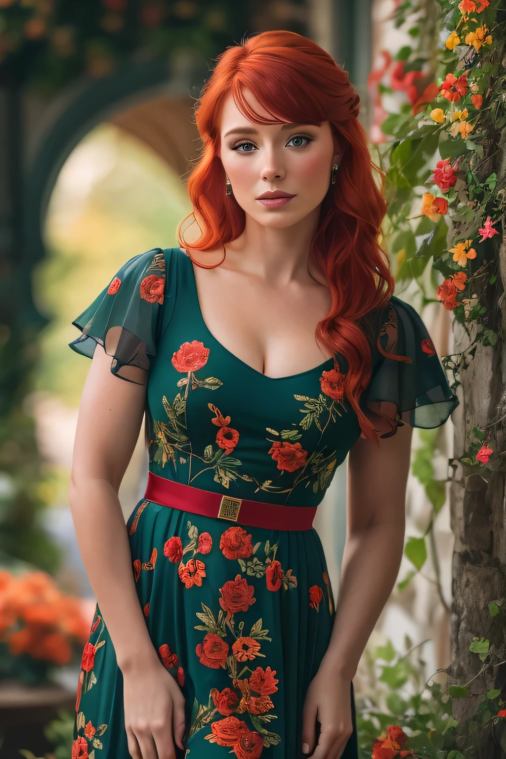 Beautiful redhead girl, Bryce Dallas Howard, with dark blue and shor chanel hair (Extra long wavy red tresses), ((Portrait)), ((Detailed face:1.2)), ((detailed facial features)), (finely detailed skin), fair complexion, ,posing elegantly on flower shop, Radiating confidence, (Fashionable red dress), (Photorealistic rendering), (High resolution: 4K or above), (Sharp rendering: Retina ready), Masterpiece, (Cinematic mood), Captured using Canon EOS R6, 85mm Lens, F/1.4, Natural light, (Detailed
