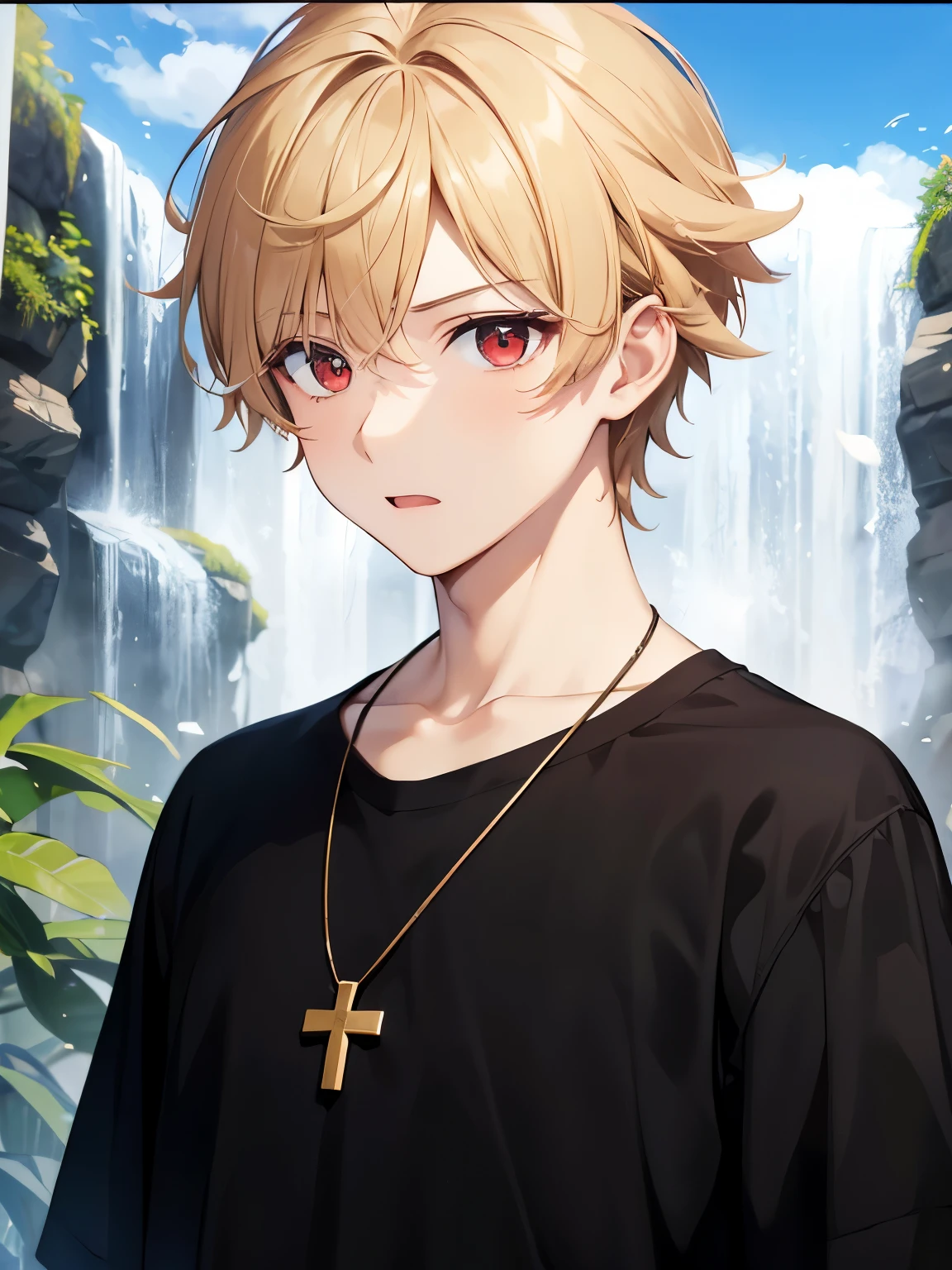 Boy, blonde hair, red eyes, short hair, messy hair, surprised expression ,Cross necklace