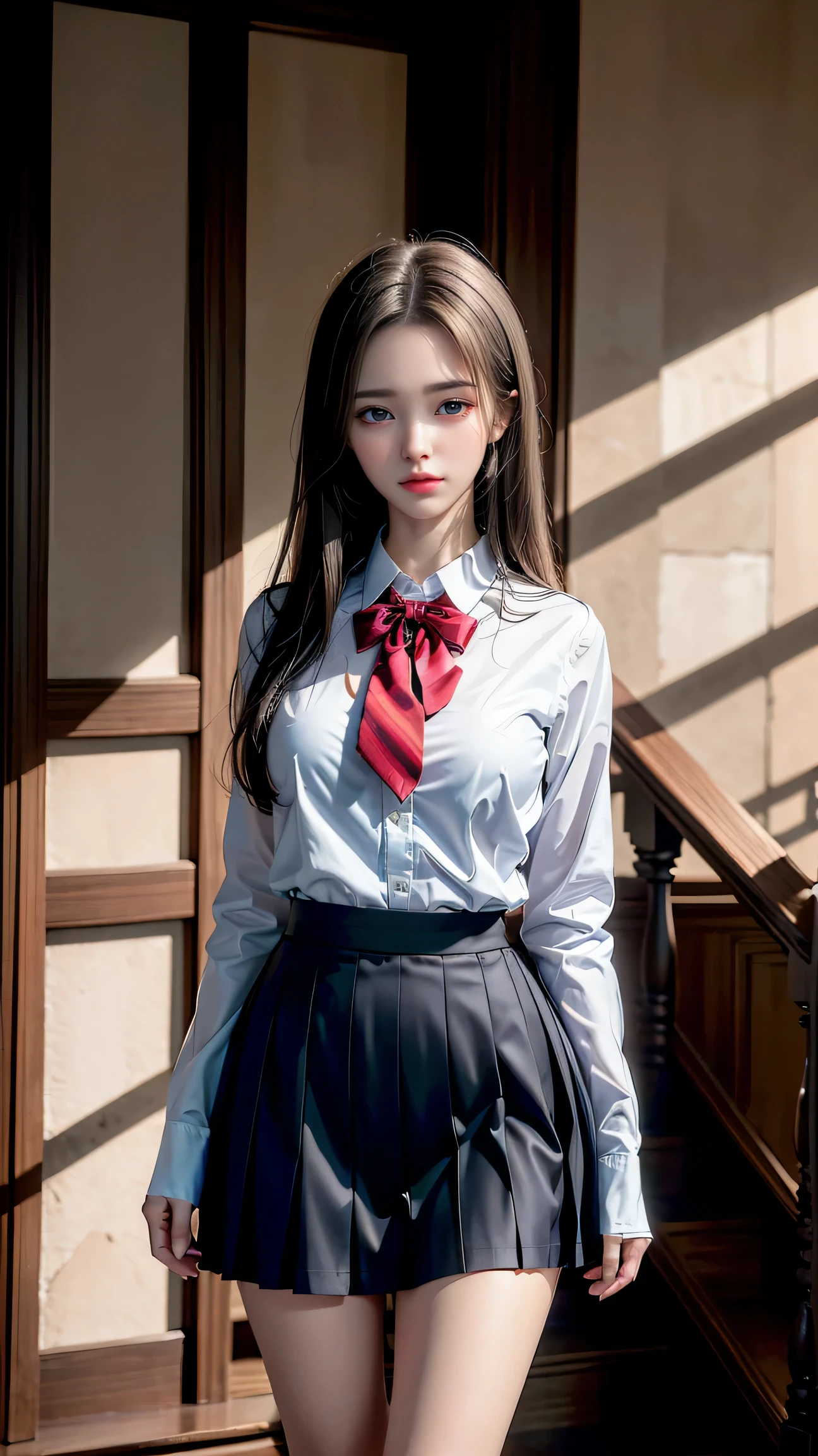 (Girl Standing On School Steps),top quality work,Real work,Ultra premium graphics,8K HD CG作品,high quality graphics,High-definition CG works,10x pixels,super fine details:1.1,Advanced technical details:1.1Photo-realistic,indoor lighting effects:1.5,Natural light:1.5. light effect(virtual light effect:1.8),超A high resolution,shiny red dress,長いsilver hair,silver hair,transparent hair,high detail hair(premium hair detail:1.1)clear eyes,beautiful double eyelids,sharp eye makeup, delicate eyelash makeup, thin eyebrows, highly detailed eyes,high nose, nice red lips, rose cheeks, A face with delicate makeup , cute face, perfectly proportioned face,(Advanced facial details:1.1),shiny,wonderful dress,bright red series,(white blazer) 、(white blouse)、(red bow tie)、(checked skirt)、、girls school uniform、photo shoot,woman'artwork of,full body figure,realism,wonderful,My eyes are shining today