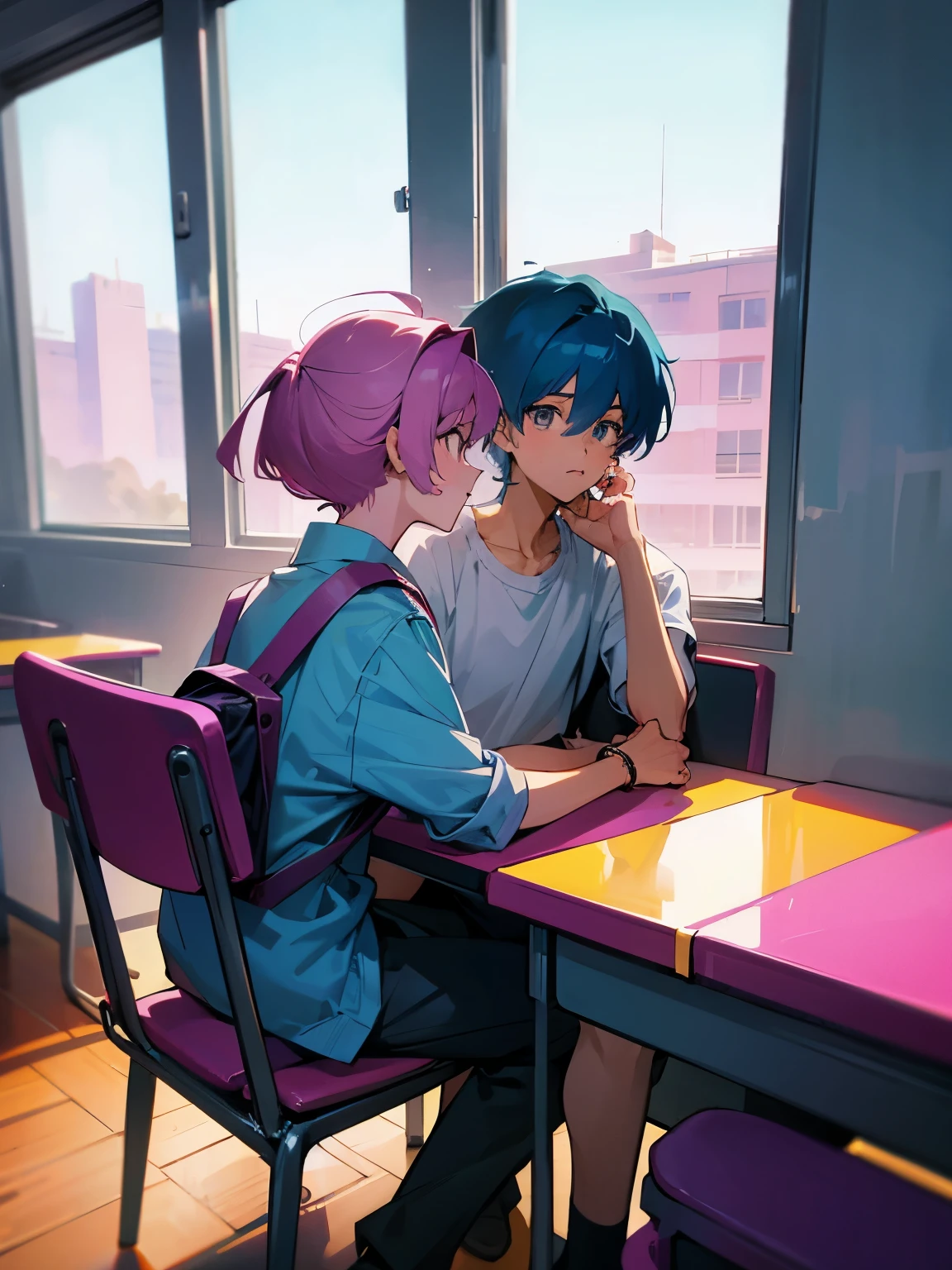 cartoon of two boys sitting at a table with a book and a backpack, ddlc, in the art style of 8 0 s anime, 9 0 s anime style, 90s anime style, in anime style, in an anime style, anime aesthetic, anime vibes, 9 0 s anime aesthetic, 9 0 s anime art style, lofi boy, typical anime classroom
