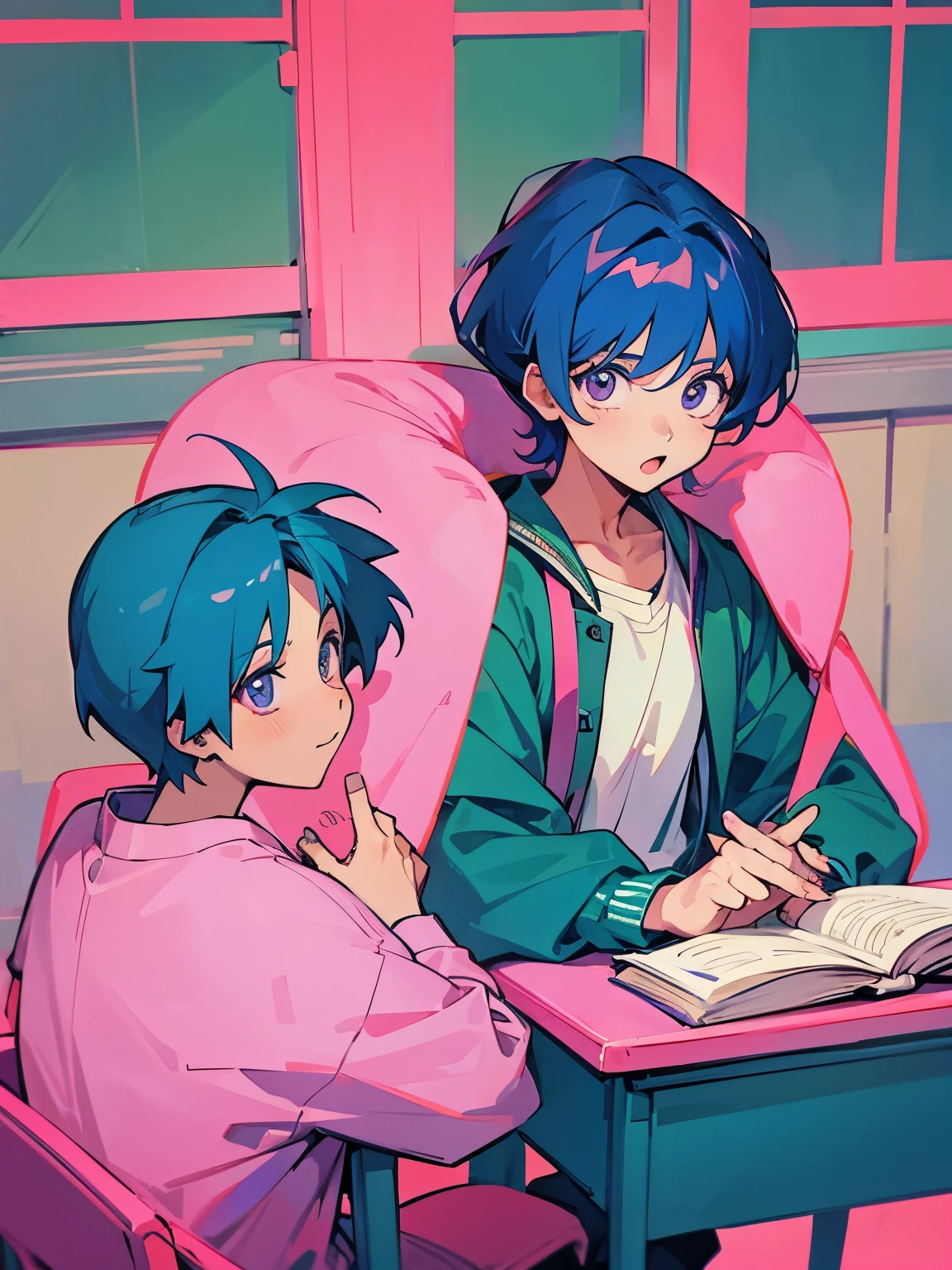 cartoon of two boys sitting at a table with a book and a backpack, ddlc, in the art style of 8 0 s anime, 9 0 s anime style, 90s anime style, in anime style, in an anime style, anime aesthetic, anime vibes, 9 0 s anime aesthetic, 9 0 s anime art style, lofi boy, typical anime classroom
