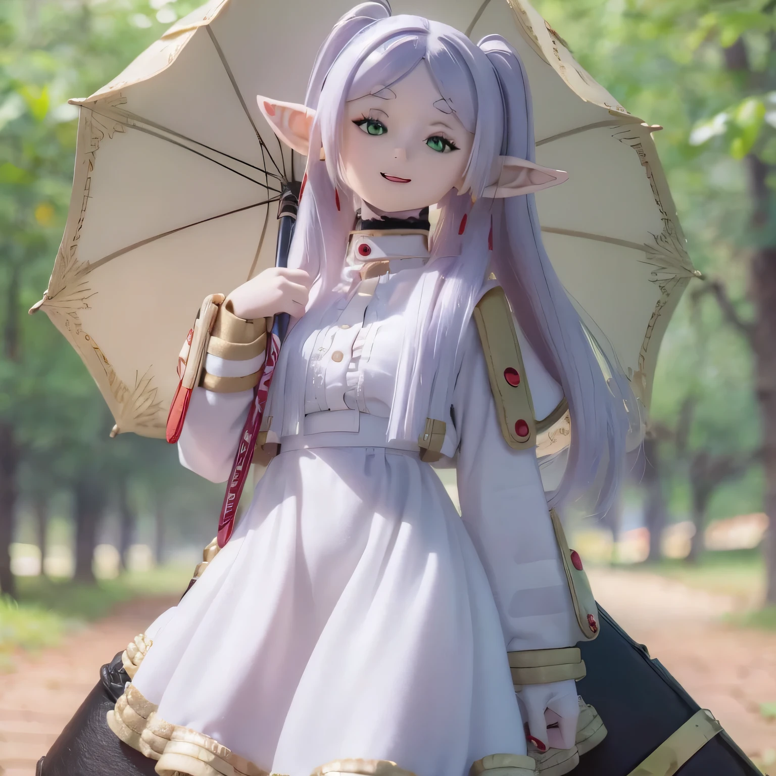 A gothic lolita with white hair standing in a snowy landscape, surrounded by frozen trees. (best quality, highres, ultra-detailed), wearing a frilly black dress and lace stockings, holding a delicate umbrella with intricate lace patterns. The white hair is flowing down to her waist, contrasting with her pale skin. The scene is bathed in a cold blue color tone, with soft, ethereal lighting illuminating the snowflakes falling around her.(((((smile)))))