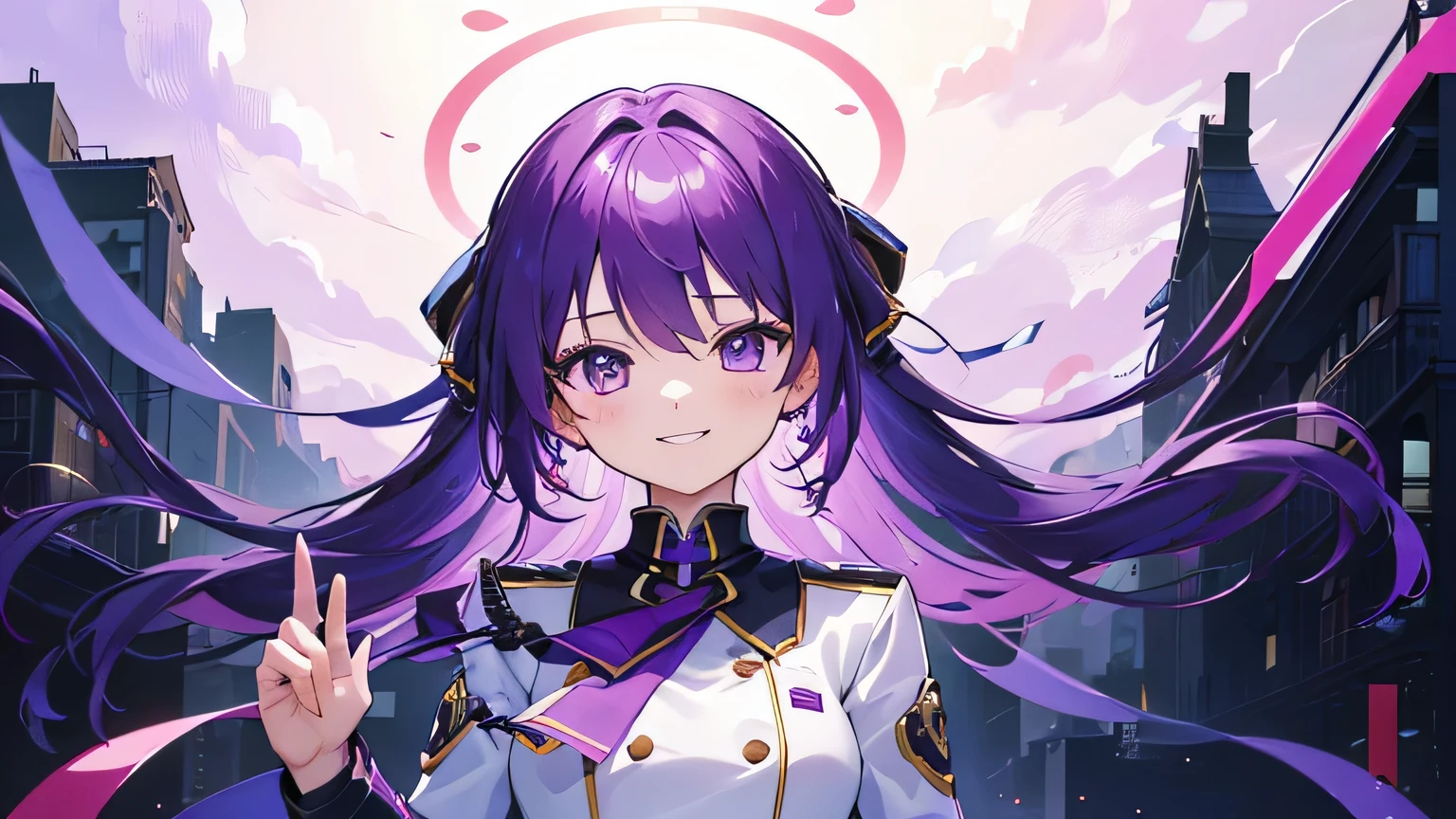 (T Masterpiece,4k wallpaper,best quality))、((girl1people))、(solo)、Shining and vivid,(purple hair)、(shortcut:1.3)、smile、near future、uniform