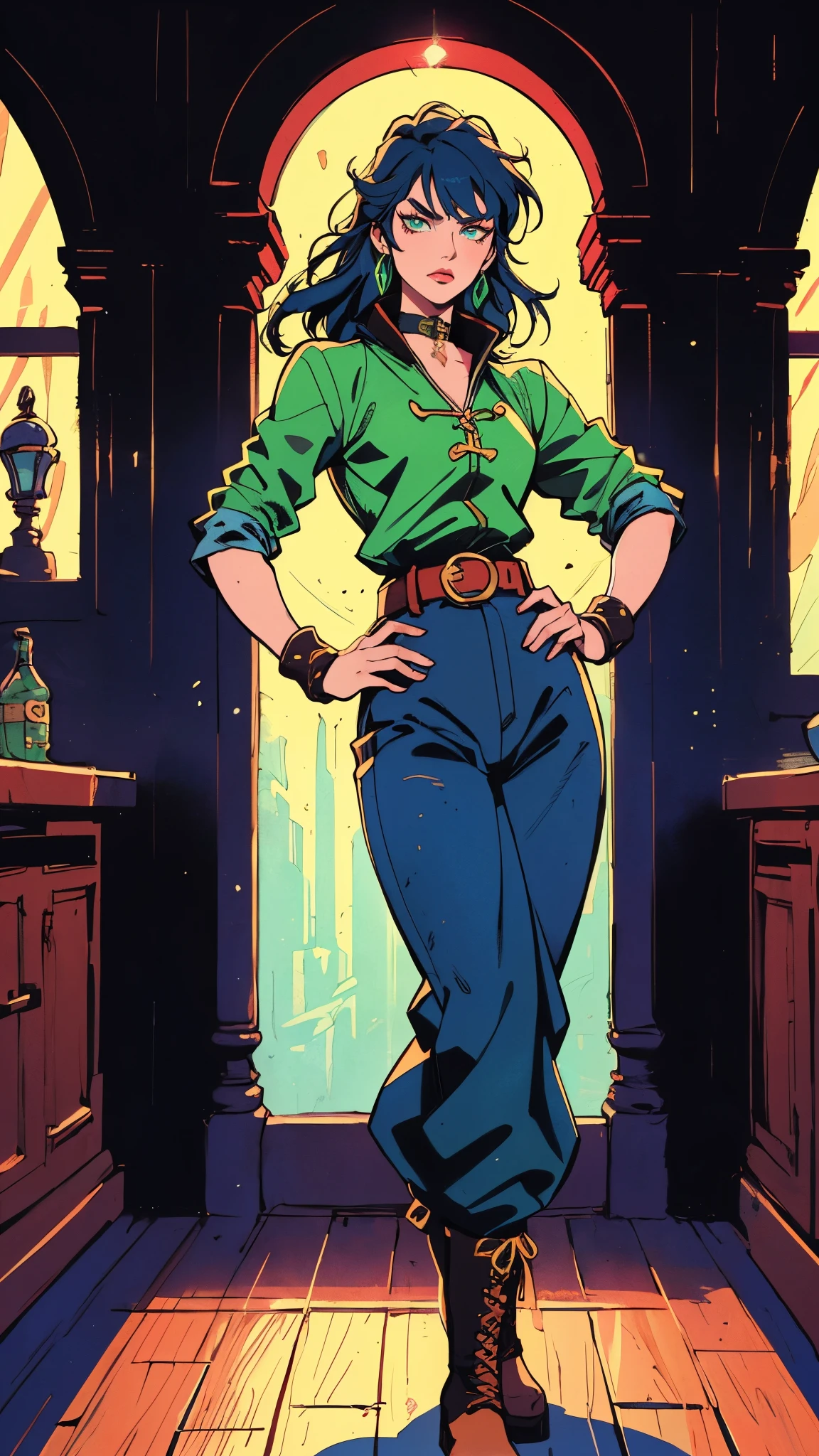 ((A young woman with flowing long dark blue hair, long side part bangs covering the right side of her face, sharp upward-arched thick eyebrows, large expressive eyes, a delicate oval face, a sensual wide mouth, a mocking expression, a fantasy martial arts-style emerald green short jacket with a blue undershirt, a high collar, rolled-up sleeves, matching fabric pants, a yellow waist belt, leather combat boots, one hand rests on her hip, surrounded by a cyan energy aura, standing in a fantasy style Chinese tavern)), this character embodies a finely crafted a fantasy martial arts heroine in anime style, exquisite and mature manga art style, pale skin, high definition, best quality, highres, ultra-detailed, ultra-fine painting, extremely delicate, professional, anatomically correct, symmetrical face, extremely detailed eyes and face, high quality eyes, creativity, RAW photo, UHD, 32k, Natural light, cinematic lighting, masterpiece-anatomy-perfect, masterpiece:1.5