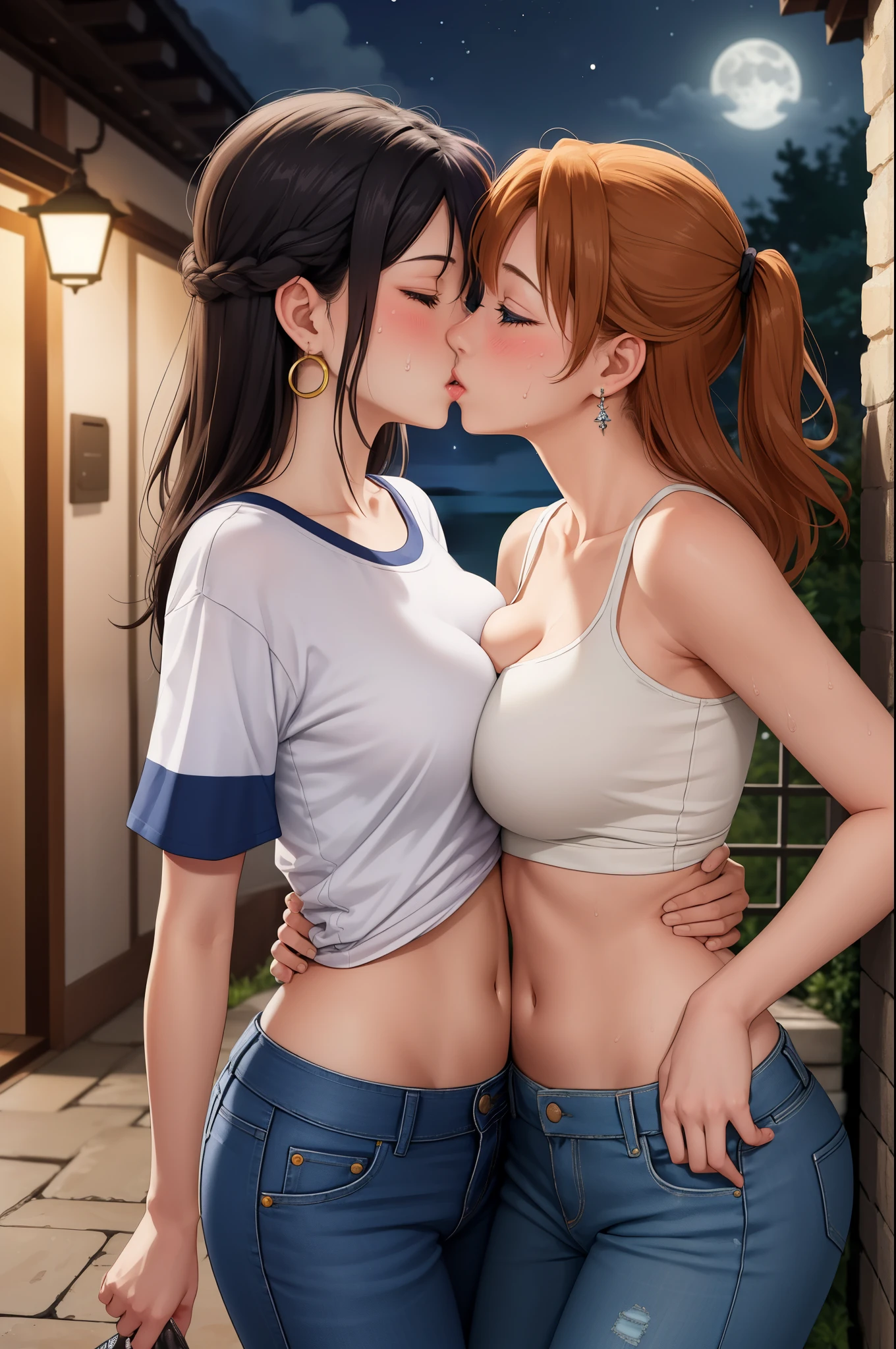 (Masterpiece, Best Quality, High Quality), professional artwork, well drawn, Intricate Details,(((two girls looking at each other and kiss))),Kousaka honoka, room, ultra detail hair, ultra detail face, perfect eyes, earring, blushing, embarrassed, t-shirt, midriff, denim pants, heavy breathing , breast press, against wall, sweating,one eye closed, outdoors, night,under moonlight 