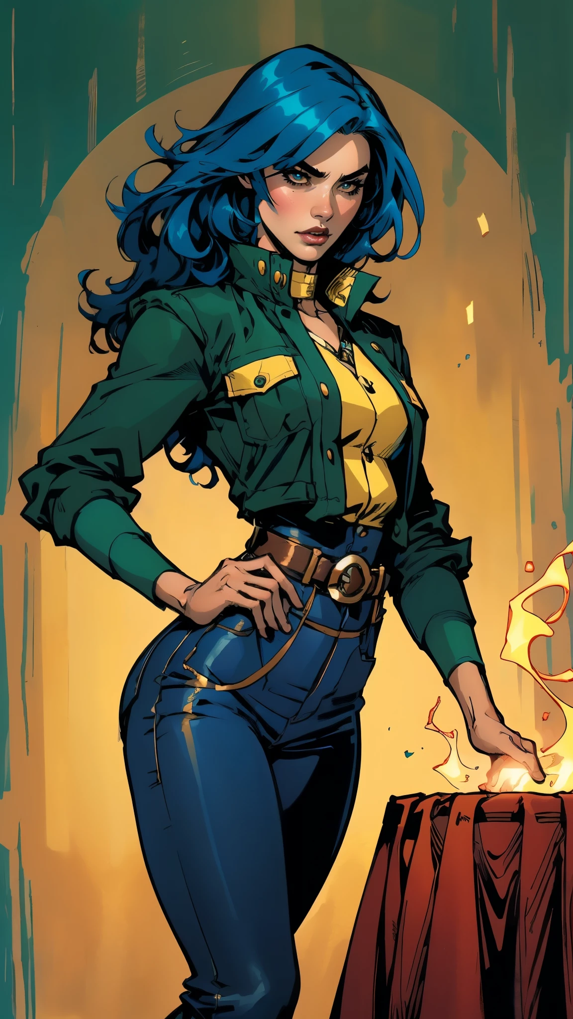 ((A young woman with flowing long dark blue hair, long side part bangs covering the right side of her face, sharp upward-arched thick eyebrows, large expressive eyes, a delicate oval face, a sensual wide mouth, a mocking expression, a fantasy martial arts-style emerald green short jacket with a blue undershirt, a high collar, rolled-up sleeves, matching fabric pants, a yellow waist belt, leather combat boots, one hand rests on her hip, surrounded by a cyan energy aura, standing in a fantasy style Chinese tavern)), this character embodies a finely crafted a fantasy martial arts heroine in anime style, exquisite and mature manga art style, pale skin, high definition, best quality, highres, ultra-detailed, ultra-fine painting, extremely delicate, professional, anatomically correct, symmetrical face, extremely detailed eyes and face, high quality eyes, creativity, RAW photo, UHD, 32k, Natural light, cinematic lighting, masterpiece-anatomy-perfect, masterpiece:1.5