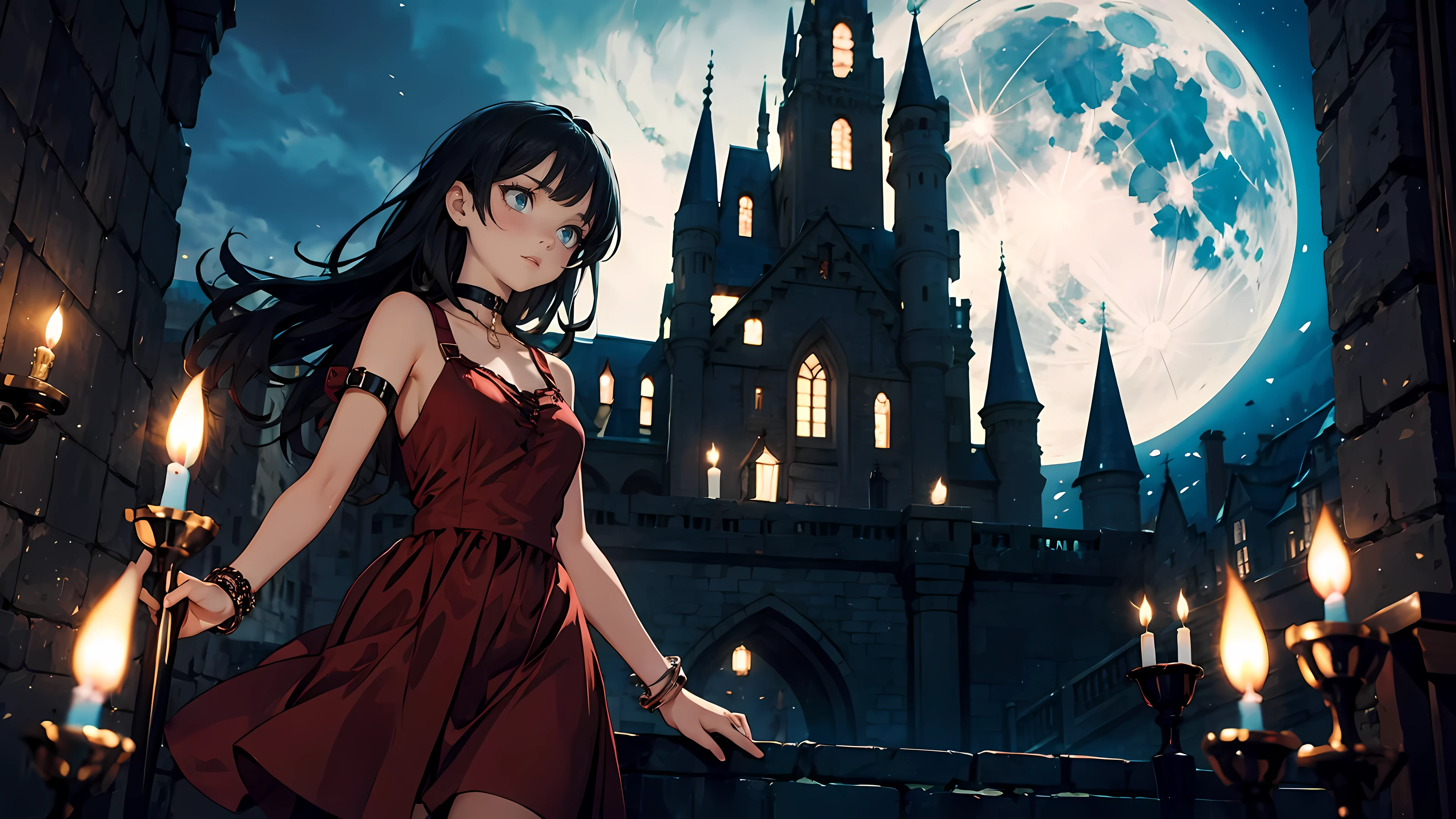 ((1girl)), long black hair, choker collar, bracelets, long red dress, standing, cowboy shot, gothic castle, night, nighttime, moon, moonlight, candles, candlelight, dramatic lighting, cinematic lighting,